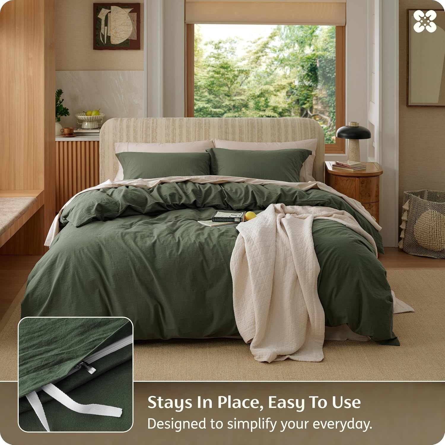 image:imageBedsure PureWoven 100 Washed Cotton Duvet Cover Set Queen Size 3PC Linen Like Texture Percale Breathable Bedding Set for All Seasons Zipper Closure 8 Corner Ties Natural White 90 X 9011 Olive Green No Comforter