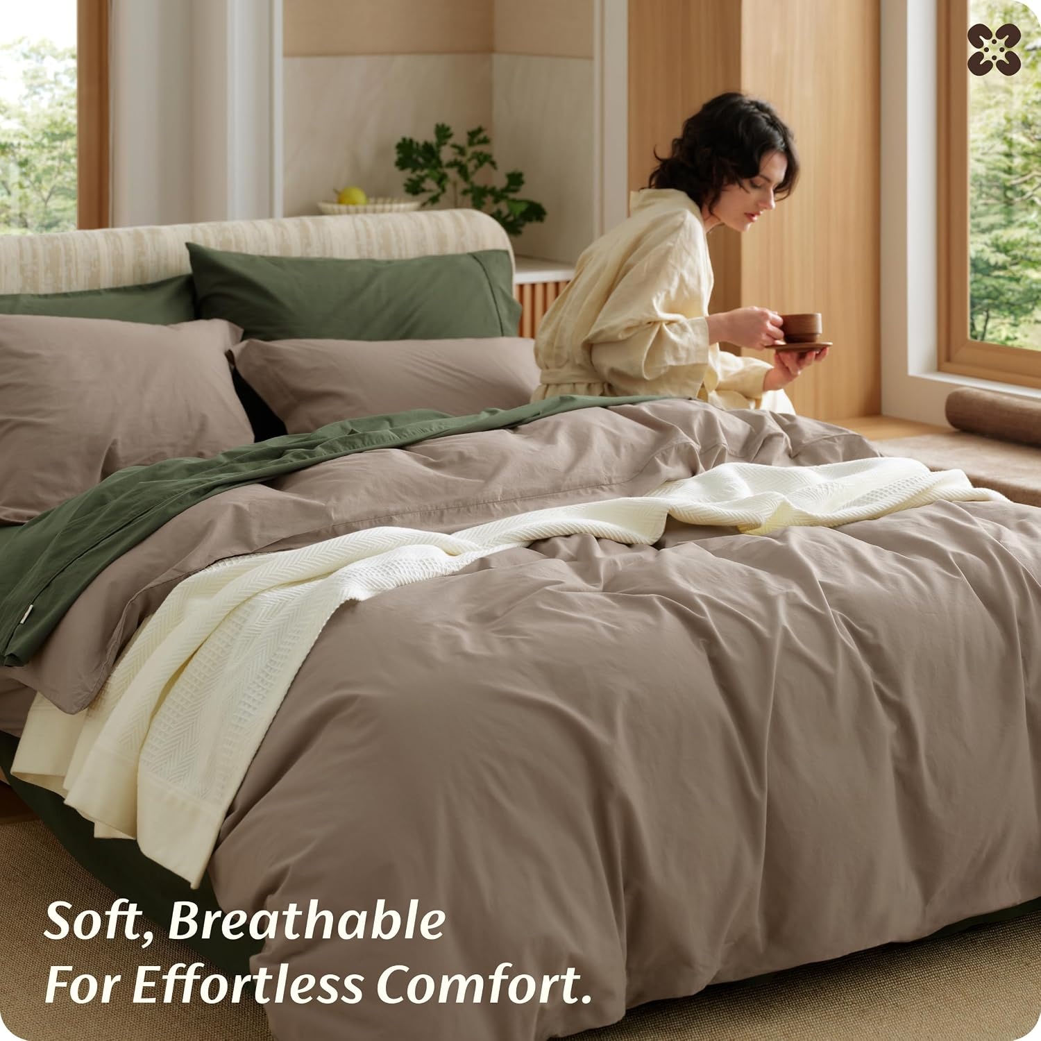 image:imageBedsure PureWoven 100 Washed Cotton Duvet Cover Set Queen Size 3PC Linen Like Texture Percale Breathable Bedding Set for All Seasons Zipper Closure 8 Corner Ties Natural White 90 X 9006 Light Brown No Comforter