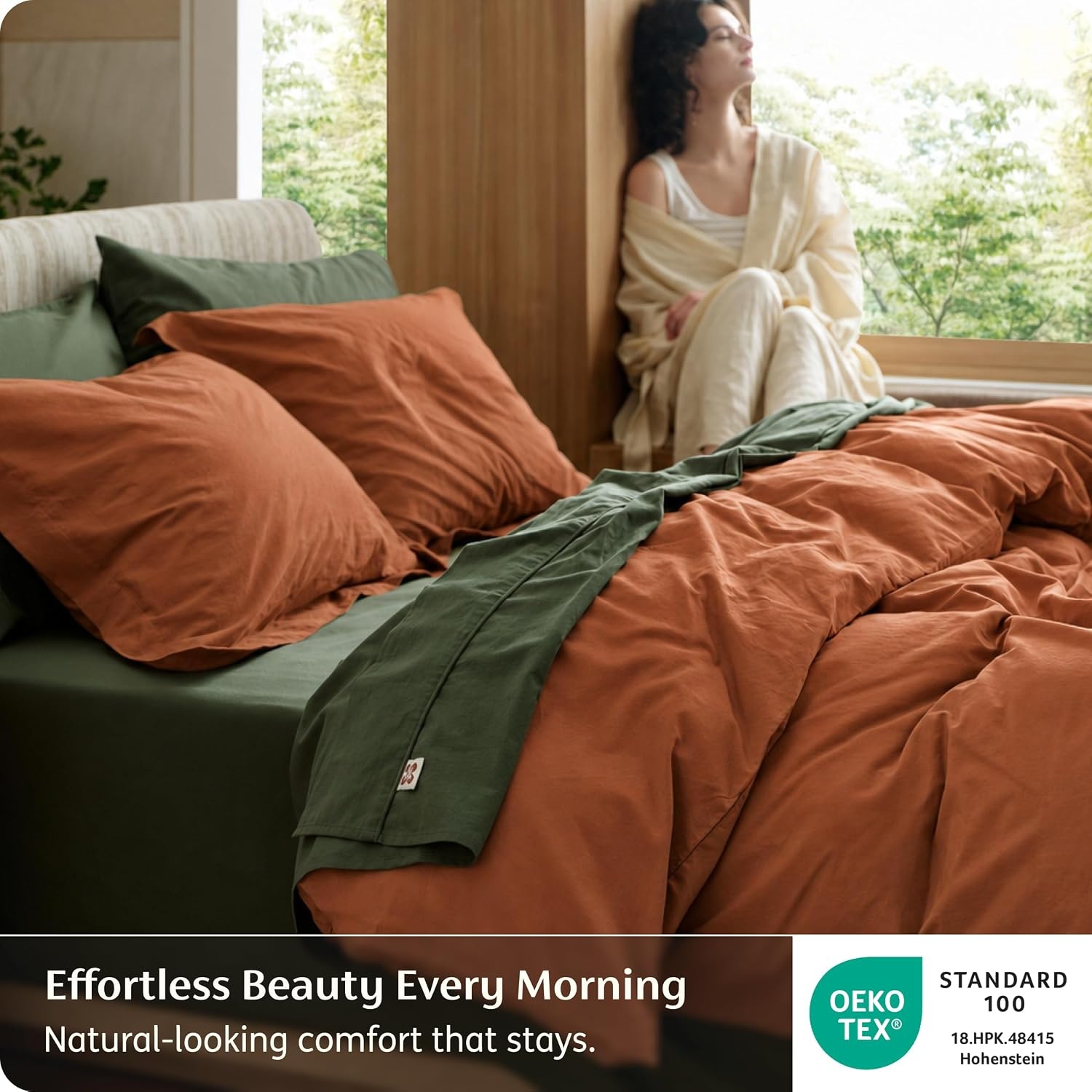 image:imageBedsure PureWoven 100 Washed Cotton Duvet Cover Set Queen Size 3PC Linen Like Texture Percale Breathable Bedding Set for All Seasons Zipper Closure 8 Corner Ties Natural White 90 X 9024 Burnt Orange No Comforter
