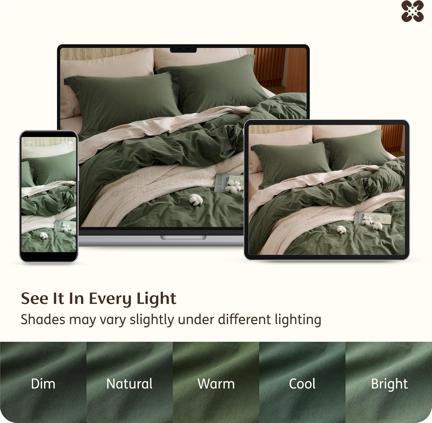 image:imageBedsure PureWoven 100 Washed Cotton Duvet Cover Set Queen Size 3PC Linen Like Texture Percale Breathable Bedding Set for All Seasons Zipper Closure 8 Corner Ties Natural White 90 X 9011 Olive Green No Comforter