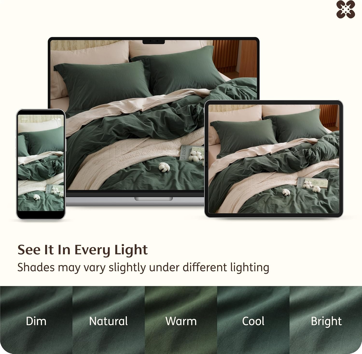 image:imageBedsure PureWoven 100 Washed Cotton Duvet Cover Set Queen Size 3PC Linen Like Texture Percale Breathable Bedding Set for All Seasons Zipper Closure 8 Corner Ties Natural White 90 X 9012 Forest Green No Comforter