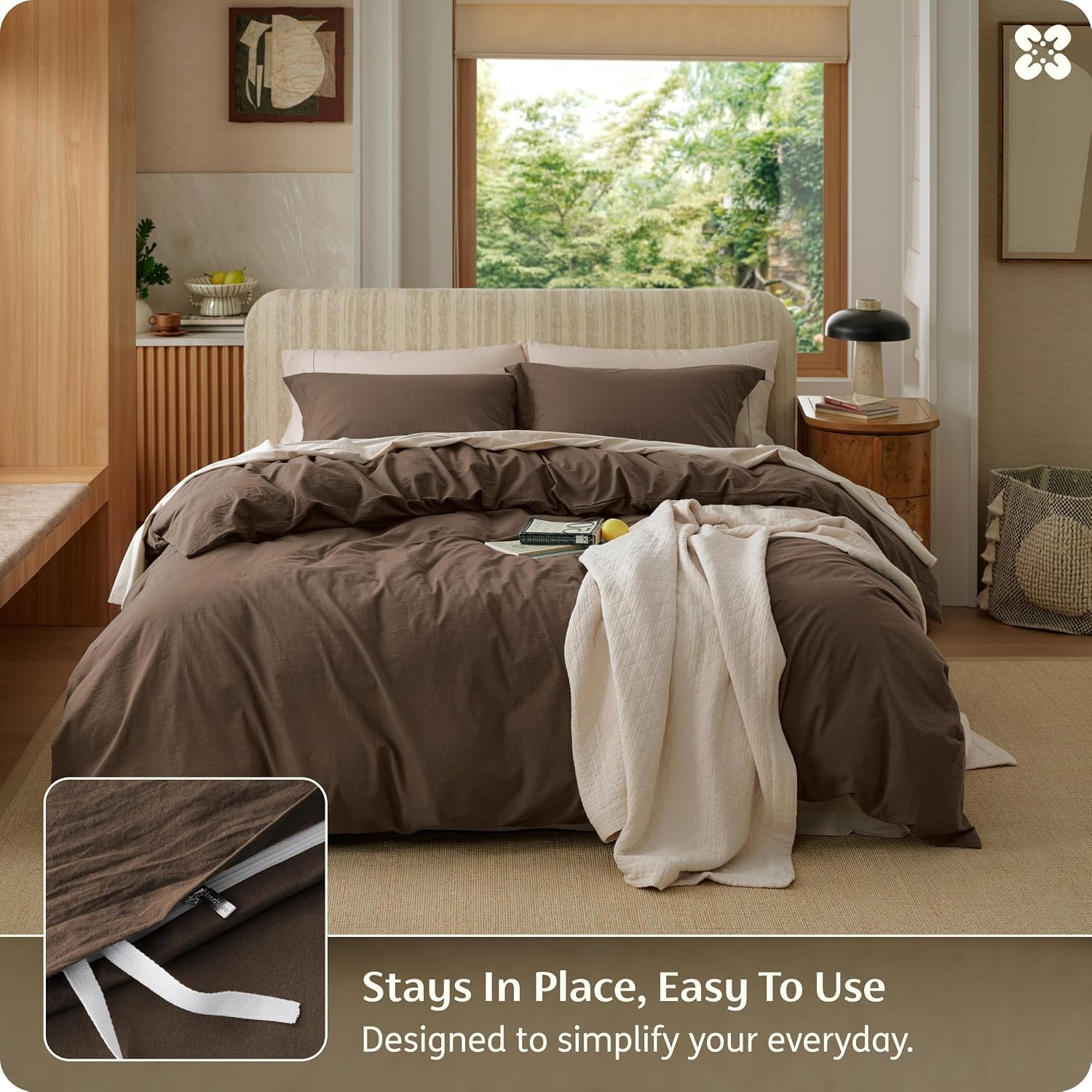 image:imageBedsure PureWoven 100 Washed Cotton Duvet Cover Set Queen Size 3PC Linen Like Texture Percale Breathable Bedding Set for All Seasons Zipper Closure 8 Corner Ties Natural White 90 X 9007 Brown No Comforter