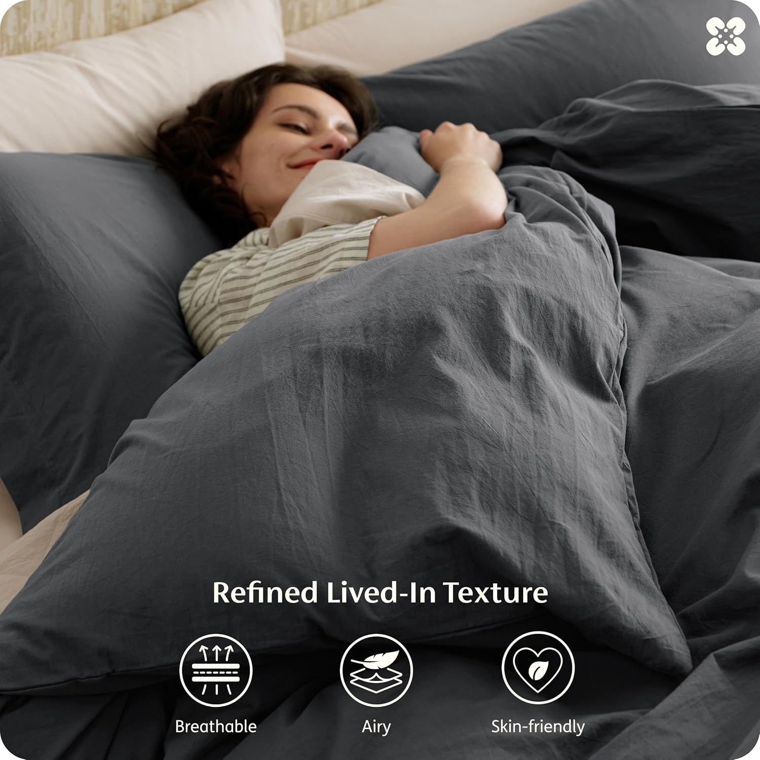 image:imageBedsure PureWoven 100 Washed Cotton Duvet Cover Set Queen Size 3PC Linen Like Texture Percale Breathable Bedding Set for All Seasons Zipper Closure 8 Corner Ties Natural White 90 X 9020 Charcoal No Comforter