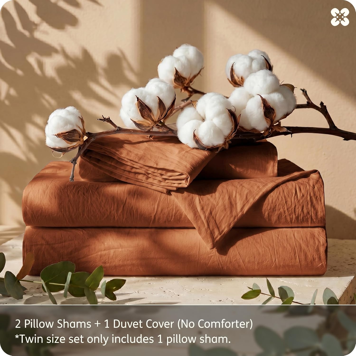 image:imageBedsure PureWoven 100 Washed Cotton Duvet Cover Set Queen Size 3PC Linen Like Texture Percale Breathable Bedding Set for All Seasons Zipper Closure 8 Corner Ties Natural White 90 X 9024 Burnt Orange No Comforter