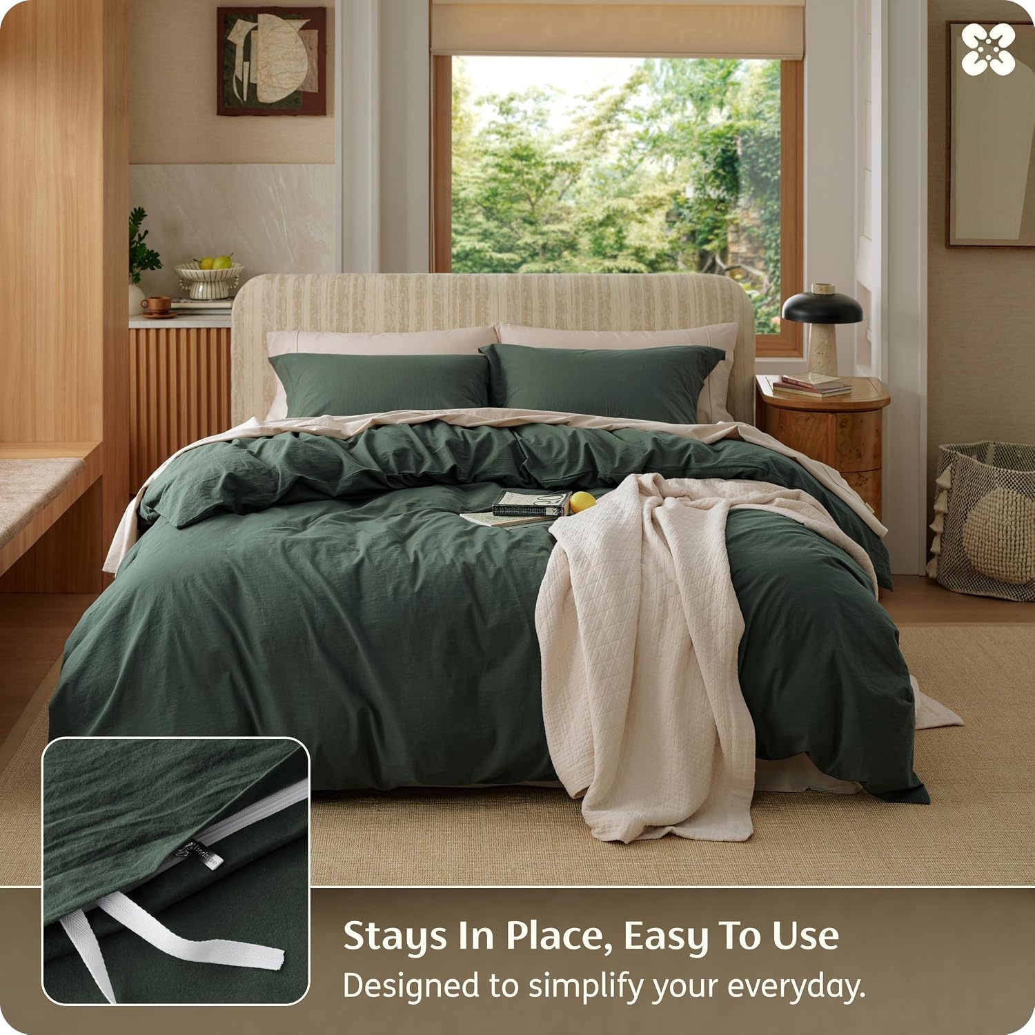 image:imageBedsure PureWoven 100 Washed Cotton Duvet Cover Set Queen Size 3PC Linen Like Texture Percale Breathable Bedding Set for All Seasons Zipper Closure 8 Corner Ties Natural White 90 X 9012 Forest Green No Comforter