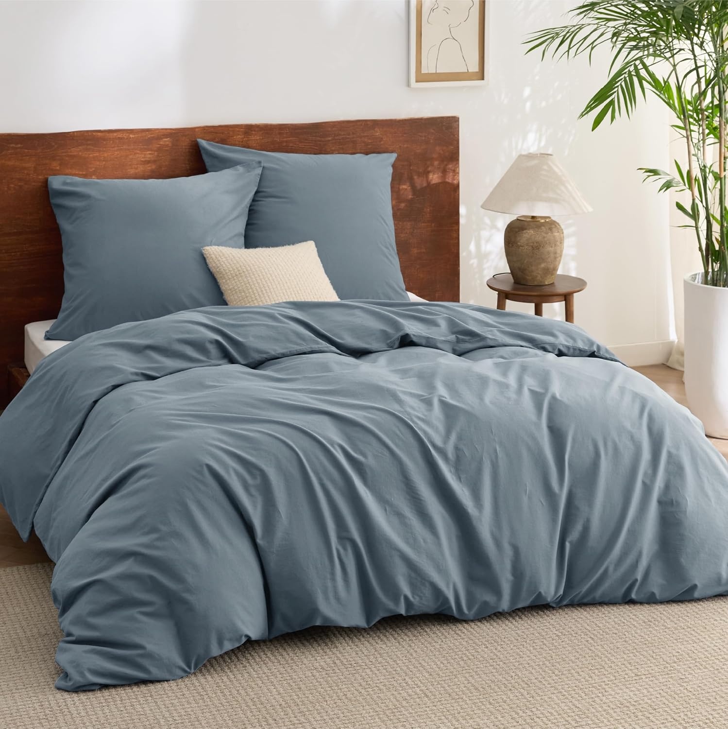 image:imageBedsure PureWoven 100 Washed Cotton Duvet Cover Set Queen Size 3PC Linen Like Texture Percale Breathable Bedding Set for All Seasons Zipper Closure 8 Corner Ties Natural White 90 X 9021 Black No Comforter