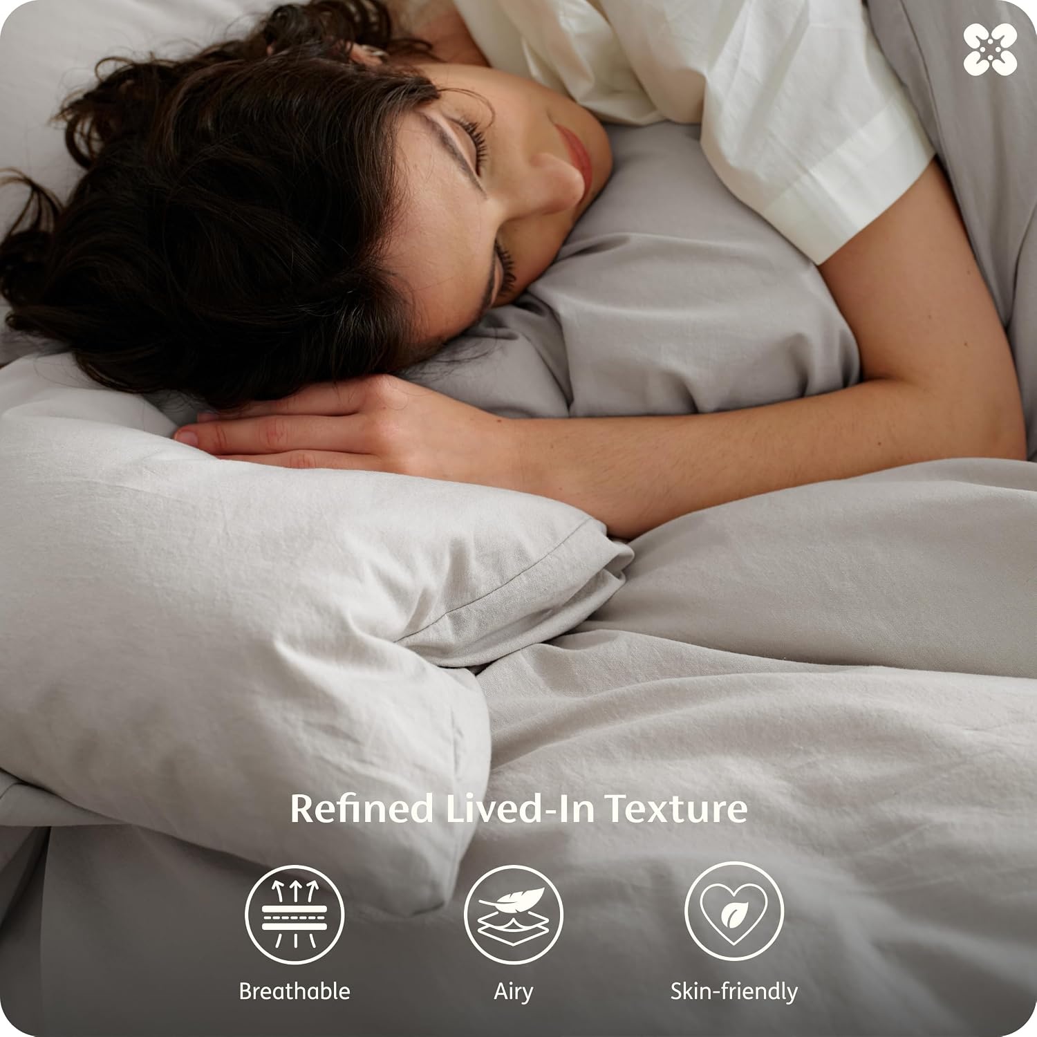 image:imageBedsure PureWoven 100 Washed Cotton Duvet Cover Set Queen Size 3PC Linen Like Texture Percale Breathable Bedding Set for All Seasons Zipper Closure 8 Corner Ties Natural White 90 X 9018 Light Grey No Comforter