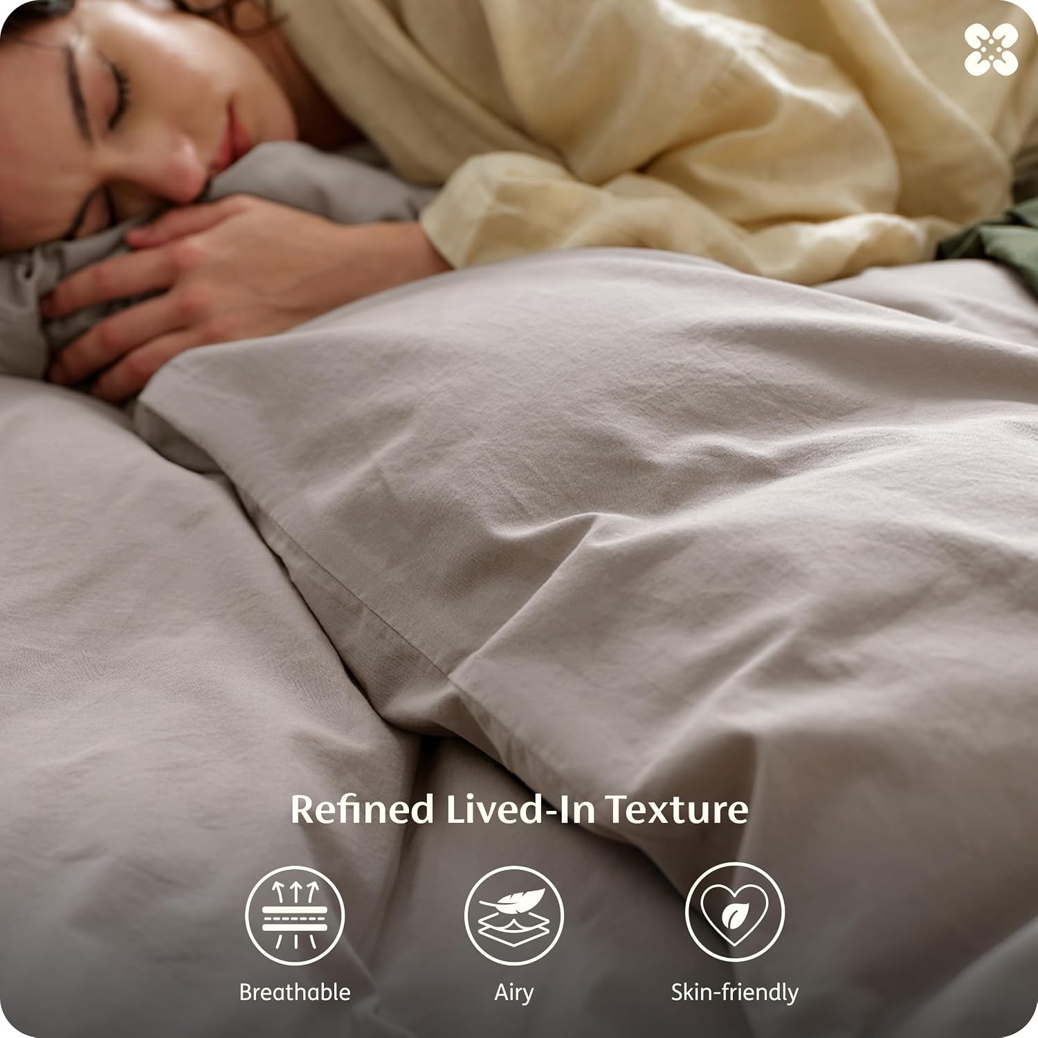 image:imageBedsure PureWoven 100 Washed Cotton Duvet Cover Set Queen Size 3PC Linen Like Texture Percale Breathable Bedding Set for All Seasons Zipper Closure 8 Corner Ties Natural White 90 X 9004 Tan No Comforter
