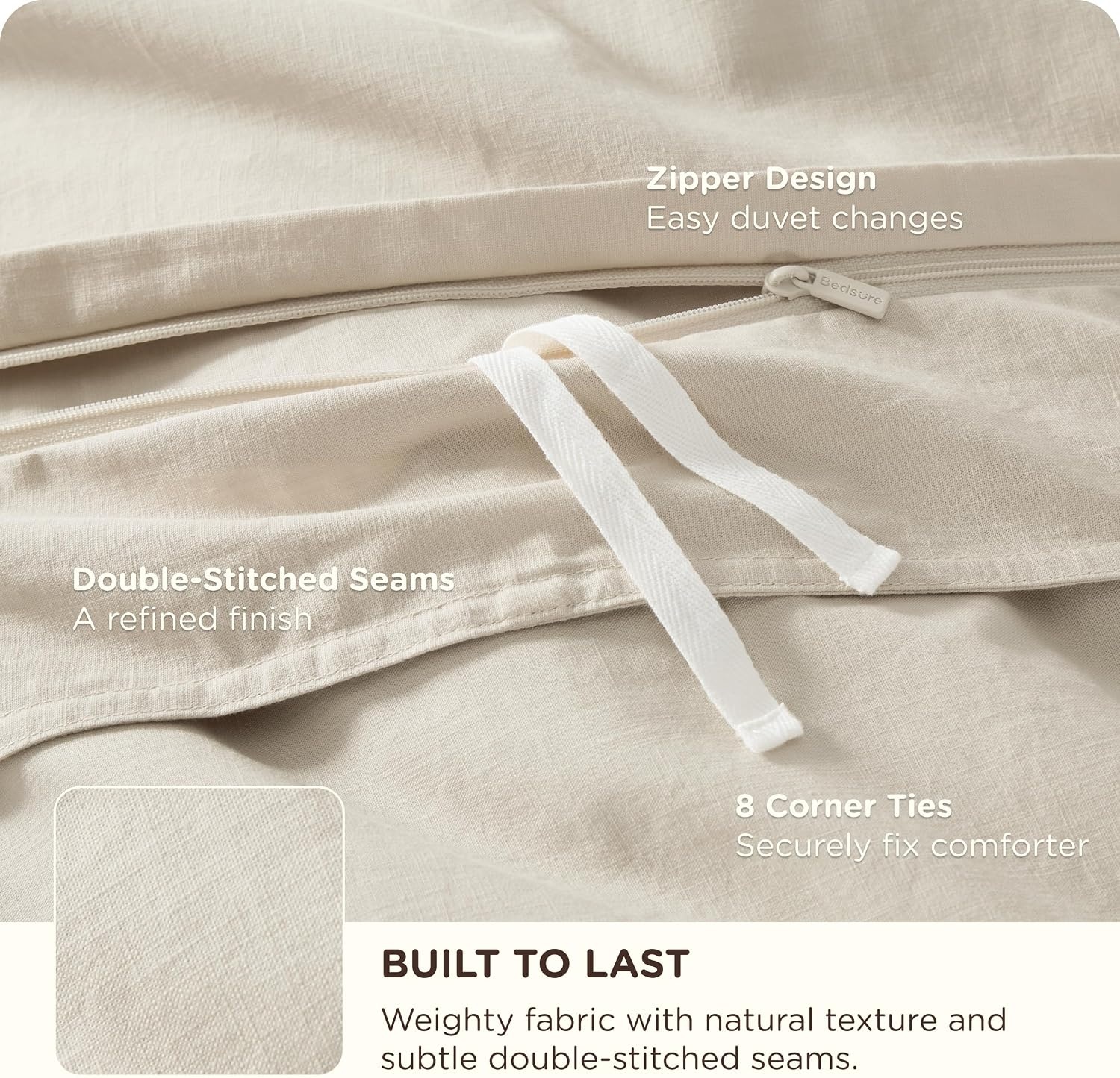 image:imageBedsure PureWoven 100 Washed Cotton Duvet Cover Set Queen Size 3PC Linen Like Texture Percale Breathable Bedding Set for All Seasons Zipper Closure 8 Corner Ties Natural White 90 X 9033 Slub Ivory No Comforter