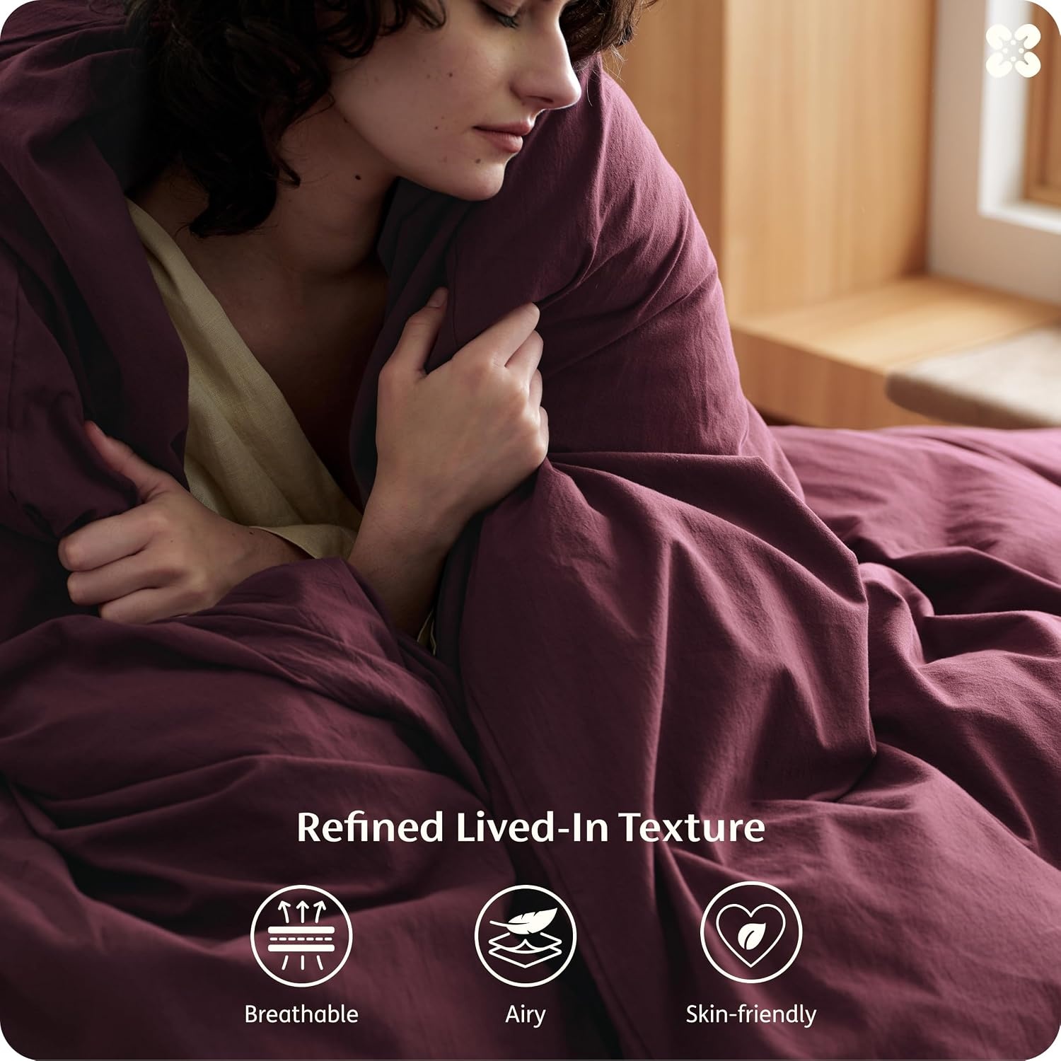 image:imageBedsure PureWoven 100 Washed Cotton Duvet Cover Set Queen Size 3PC Linen Like Texture Percale Breathable Bedding Set for All Seasons Zipper Closure 8 Corner Ties Natural White 90 X 9022 Burgundy No Comforter