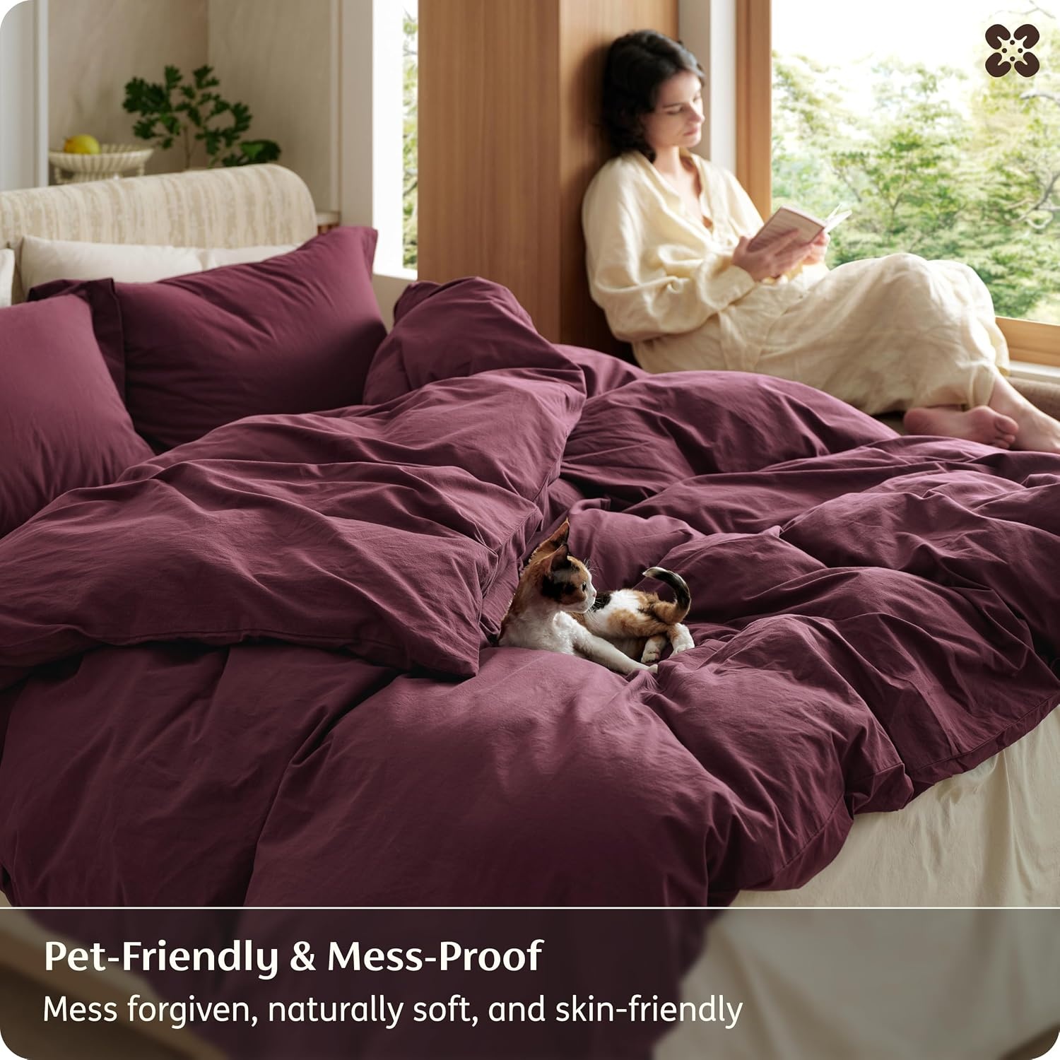 image:imageBedsure PureWoven 100 Washed Cotton Duvet Cover Set Queen Size 3PC Linen Like Texture Percale Breathable Bedding Set for All Seasons Zipper Closure 8 Corner Ties Natural White 90 X 9022 Burgundy No Comforter