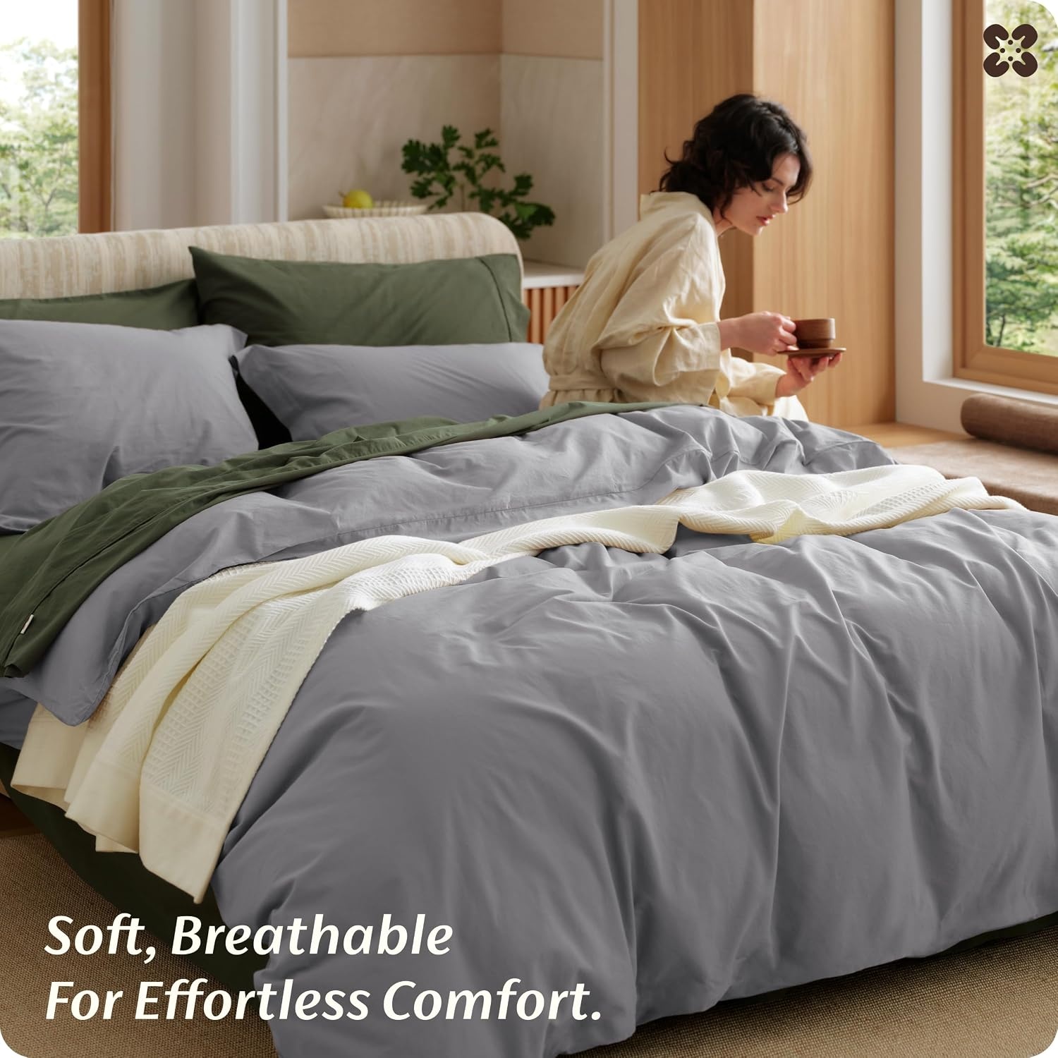 image:imageBedsure PureWoven 100 Washed Cotton Duvet Cover Set Queen Size 3PC Linen Like Texture Percale Breathable Bedding Set for All Seasons Zipper Closure 8 Corner Ties Natural White 90 X 9019 Grey No Comforter