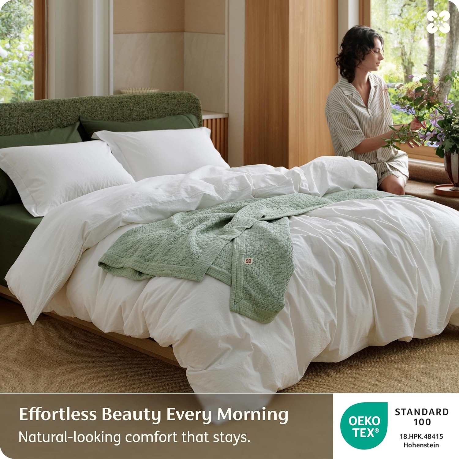 image:imageBedsure PureWoven 100 Washed Cotton Duvet Cover Set Queen Size 3PC Linen Like Texture Percale Breathable Bedding Set for All Seasons Zipper Closure 8 Corner Ties Natural White 90 X 9001 Natural White No Comforter