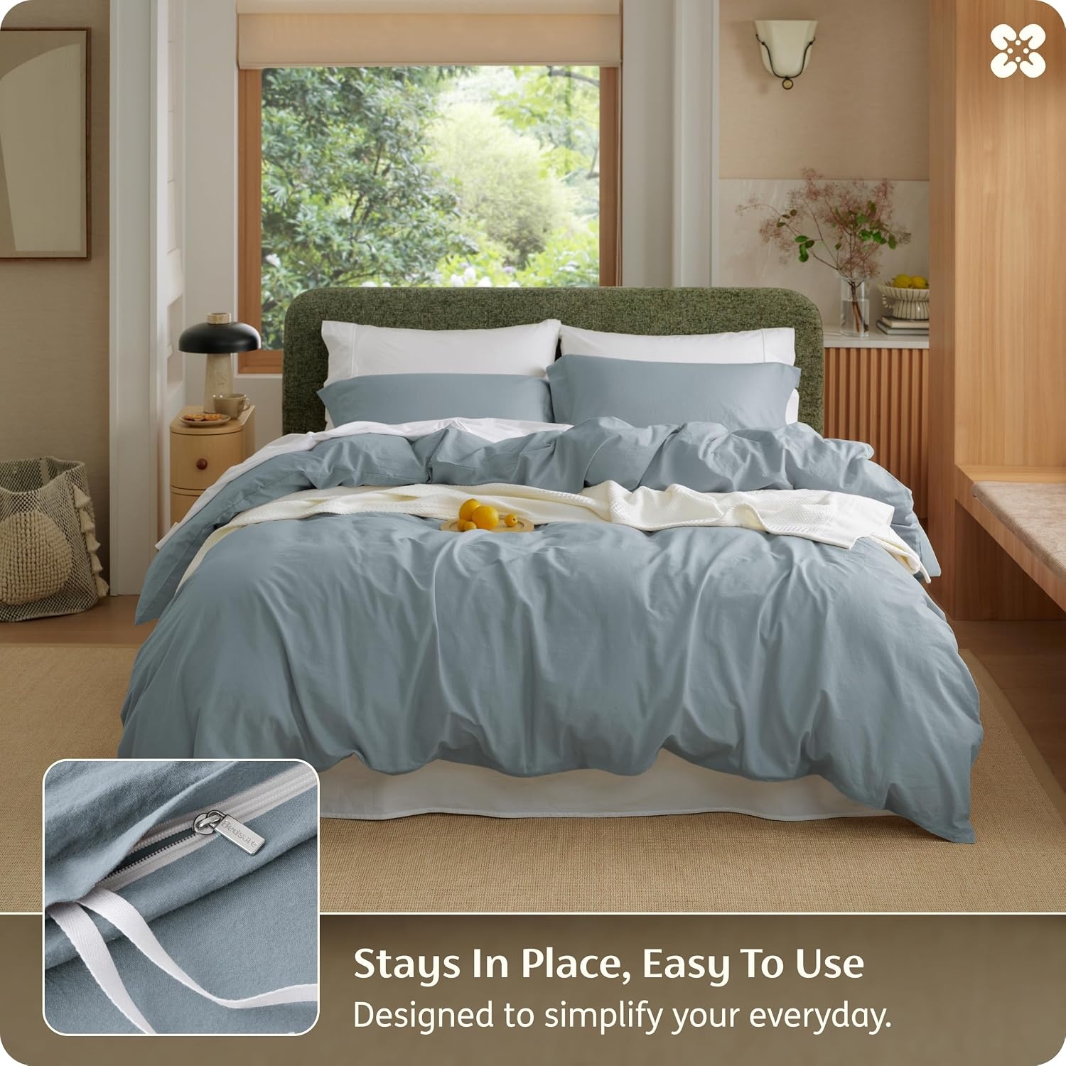 image:imageBedsure PureWoven 100 Washed Cotton Duvet Cover Set Queen Size 3PC Linen Like Texture Percale Breathable Bedding Set for All Seasons Zipper Closure 8 Corner Ties Natural White 90 X 9014 Dusty Blue No Comforter