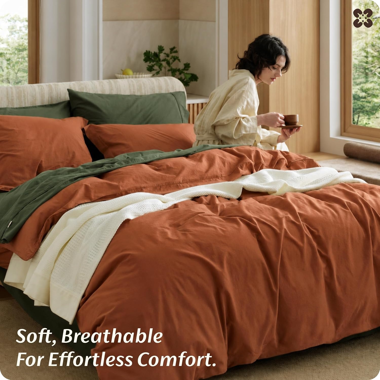 image:imageBedsure PureWoven 100 Washed Cotton Duvet Cover Set Queen Size 3PC Linen Like Texture Percale Breathable Bedding Set for All Seasons Zipper Closure 8 Corner Ties Natural White 90 X 9024 Burnt Orange No Comforter