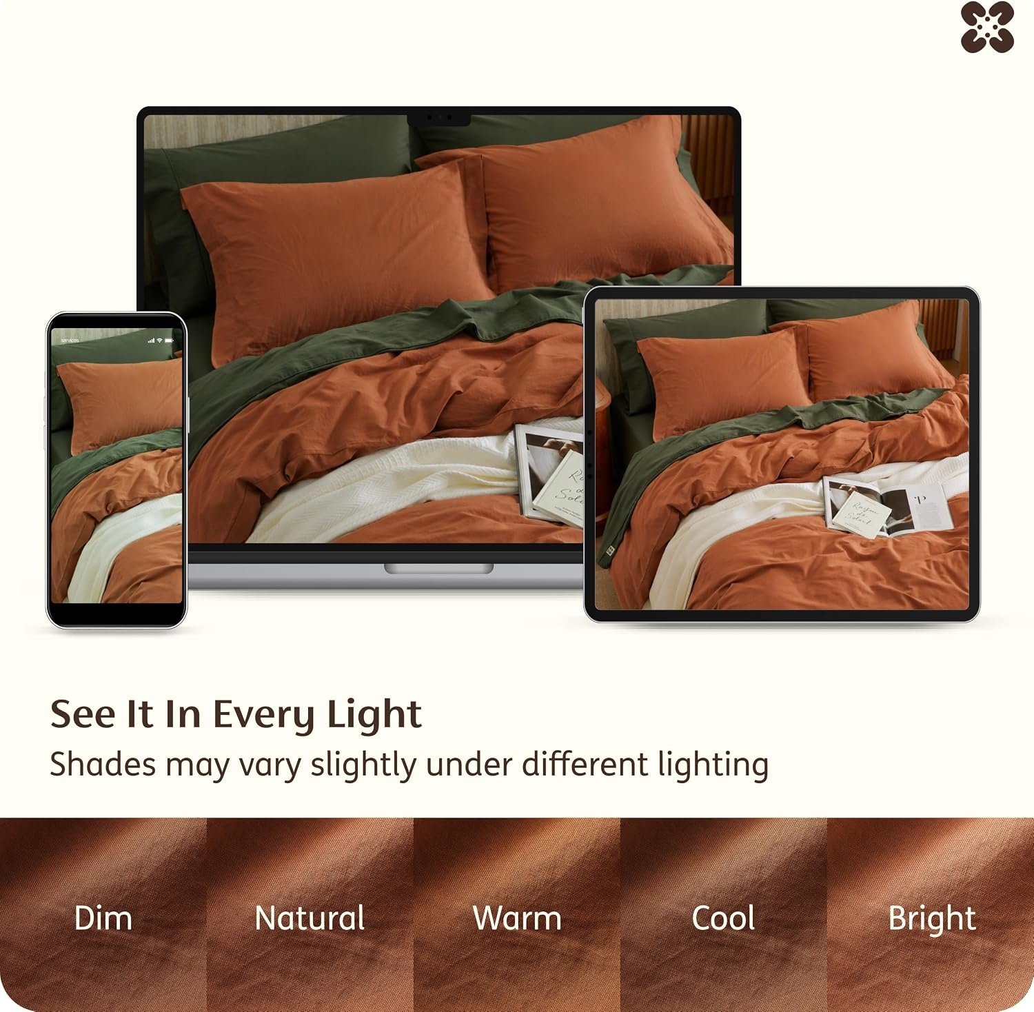 image:imageBedsure PureWoven 100 Washed Cotton Duvet Cover Set Queen Size 3PC Linen Like Texture Percale Breathable Bedding Set for All Seasons Zipper Closure 8 Corner Ties Natural White 90 X 9024 Burnt Orange No Comforter