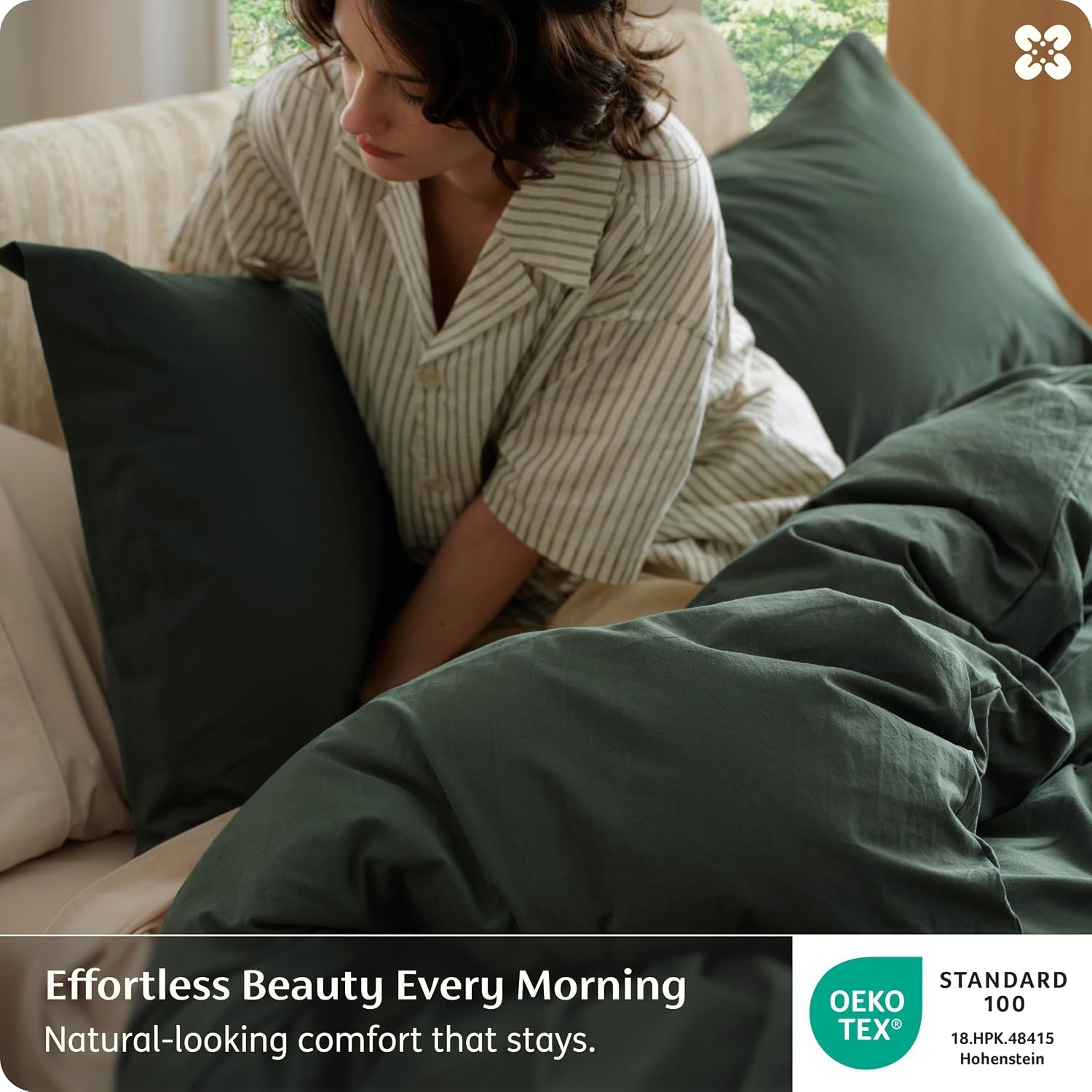 image:imageBedsure PureWoven 100 Washed Cotton Duvet Cover Set Queen Size 3PC Linen Like Texture Percale Breathable Bedding Set for All Seasons Zipper Closure 8 Corner Ties Natural White 90 X 9012 Forest Green No Comforter