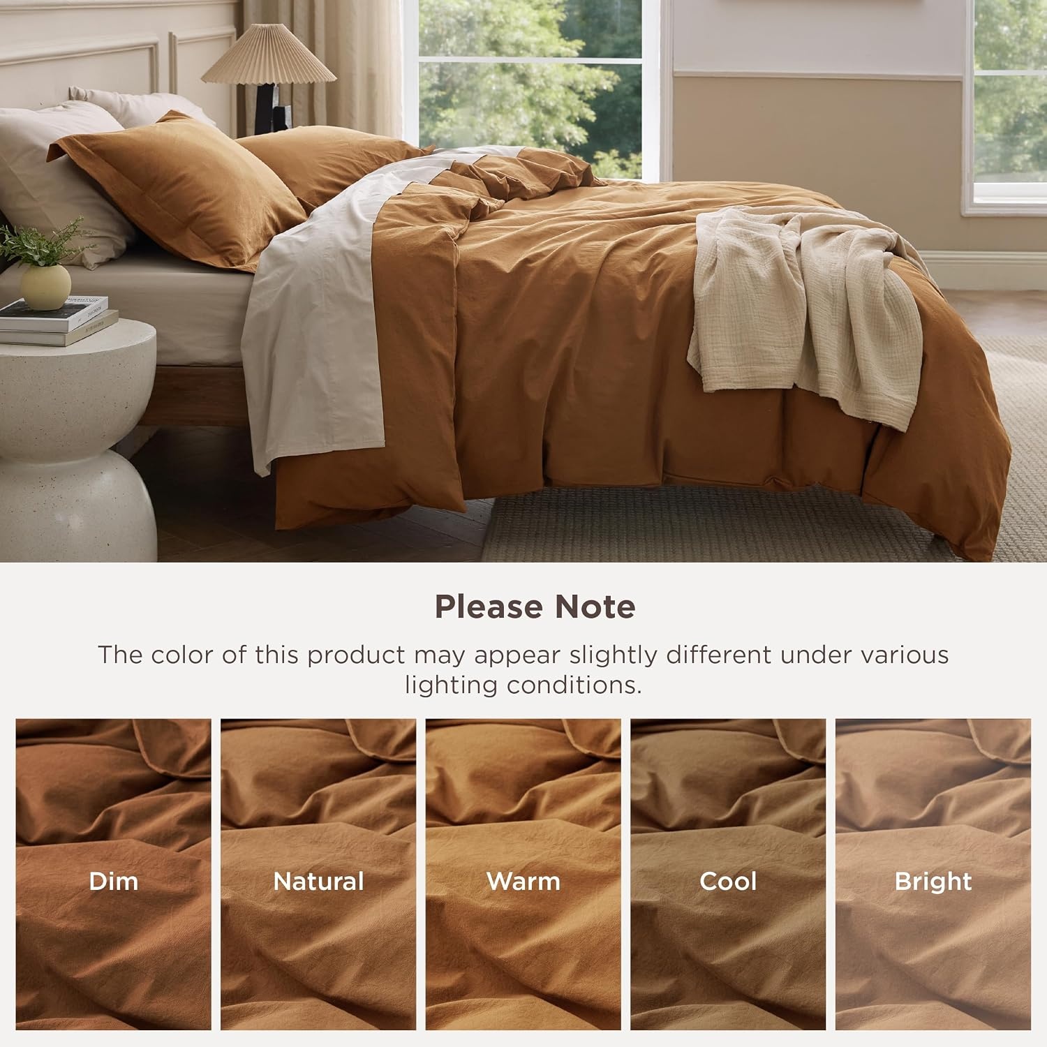 image:imageBedsure PureWoven 100 Washed Cotton Duvet Cover Set Queen Size 3PC Linen Like Texture Percale Breathable Bedding Set for All Seasons Zipper Closure 8 Corner Ties Natural White 90 X 9023 Hazelnut Brown No Comforter