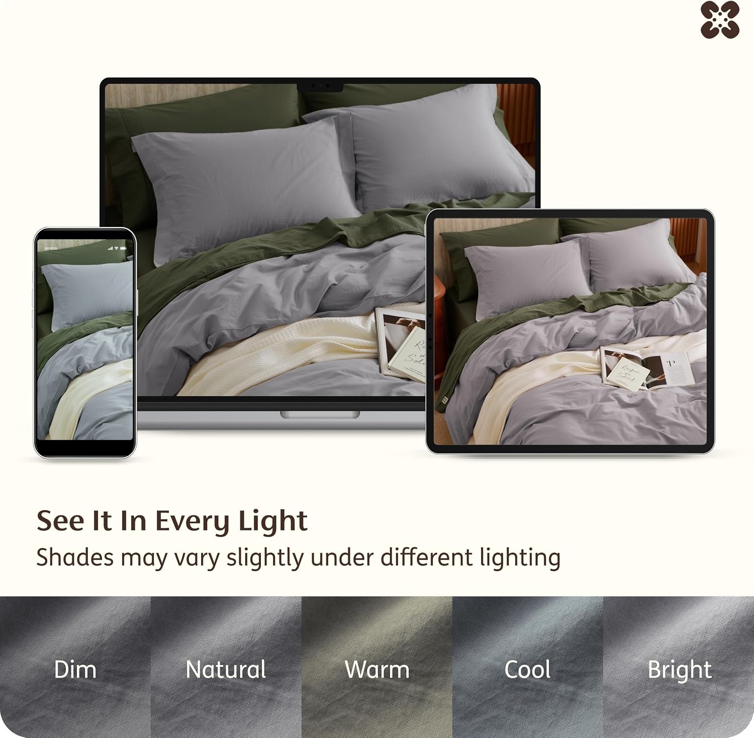image:imageBedsure PureWoven 100 Washed Cotton Duvet Cover Set Queen Size 3PC Linen Like Texture Percale Breathable Bedding Set for All Seasons Zipper Closure 8 Corner Ties Natural White 90 X 9019 Grey No Comforter