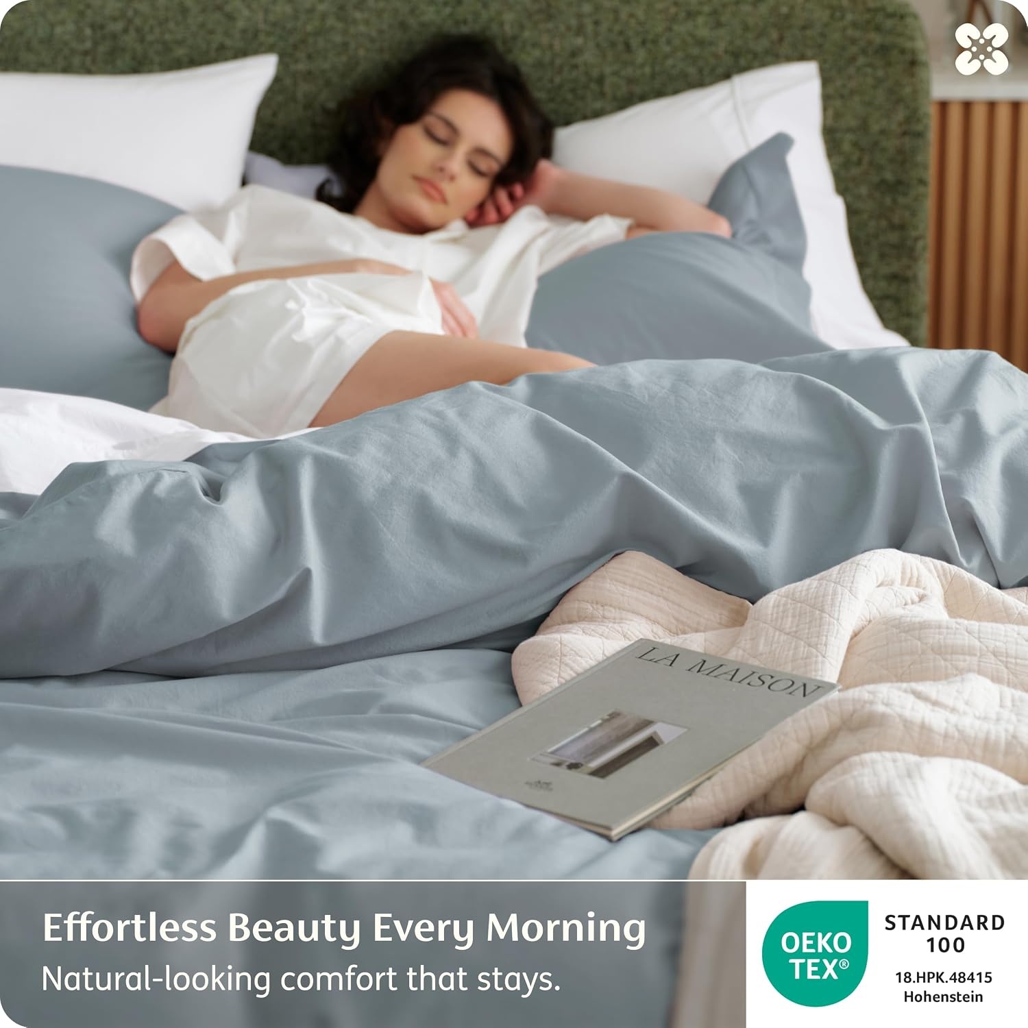 image:imageBedsure PureWoven 100 Washed Cotton Duvet Cover Set Queen Size 3PC Linen Like Texture Percale Breathable Bedding Set for All Seasons Zipper Closure 8 Corner Ties Natural White 90 X 9022 Dusty Blue No Comforter