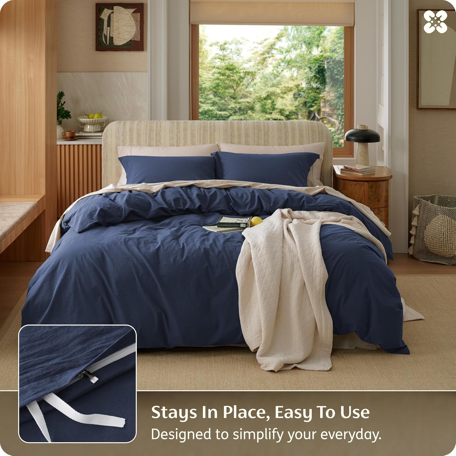image:imageBedsure PureWoven 100 Washed Cotton Duvet Cover Set Queen Size 3PC Linen Like Texture Percale Breathable Bedding Set for All Seasons Zipper Closure 8 Corner Ties Natural White 90 X 9015 Navy No Comforter