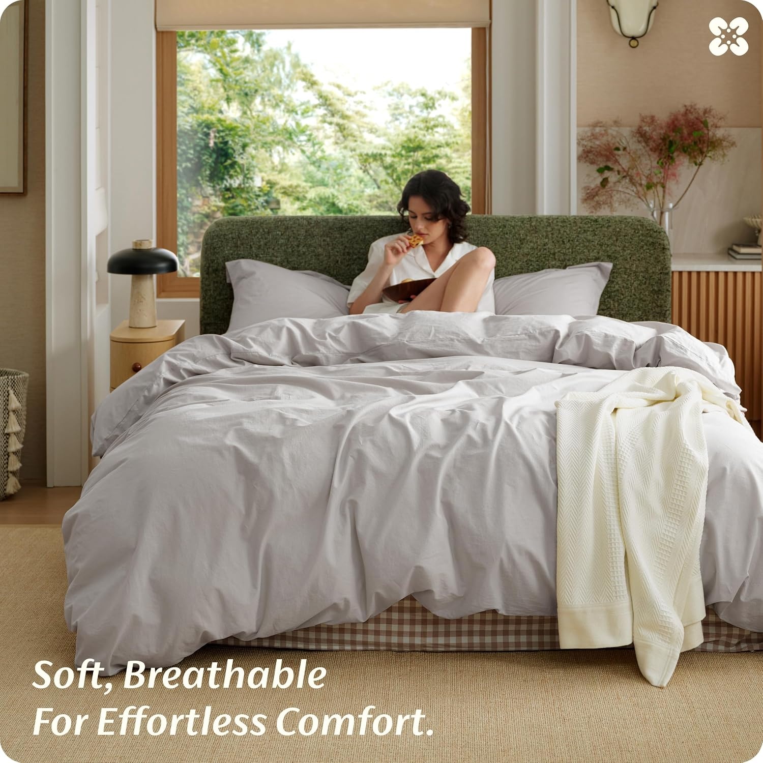 image:imageBedsure PureWoven 100 Washed Cotton Duvet Cover Set Queen Size 3PC Linen Like Texture Percale Breathable Bedding Set for All Seasons Zipper Closure 8 Corner Ties Natural White 90 X 9018 Light Grey No Comforter