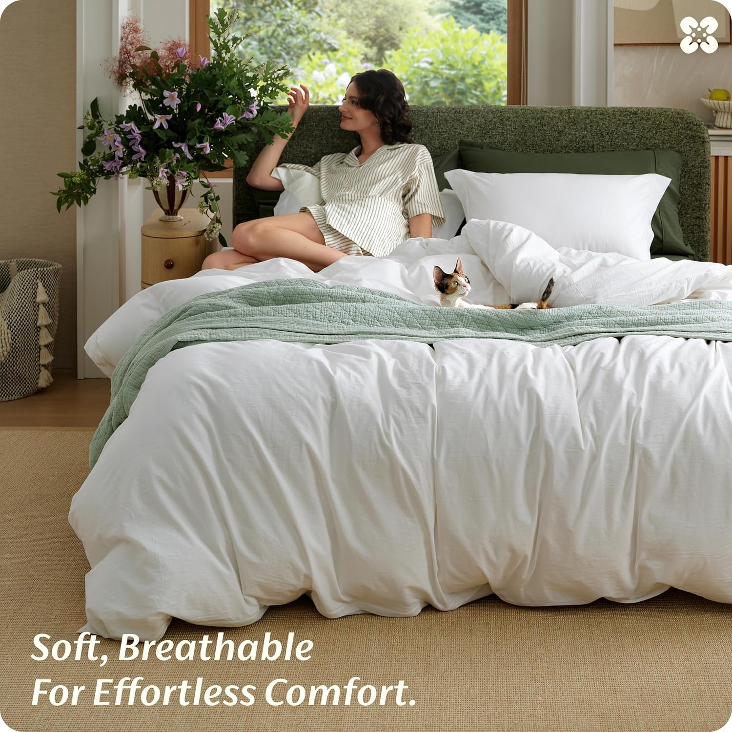 image:imageBedsure PureWoven 100 Washed Cotton Duvet Cover Set Queen Size 3PC Linen Like Texture Percale Breathable Bedding Set for All Seasons Zipper Closure 8 Corner Ties Natural White 90 X 9001 Natural White No Comforter