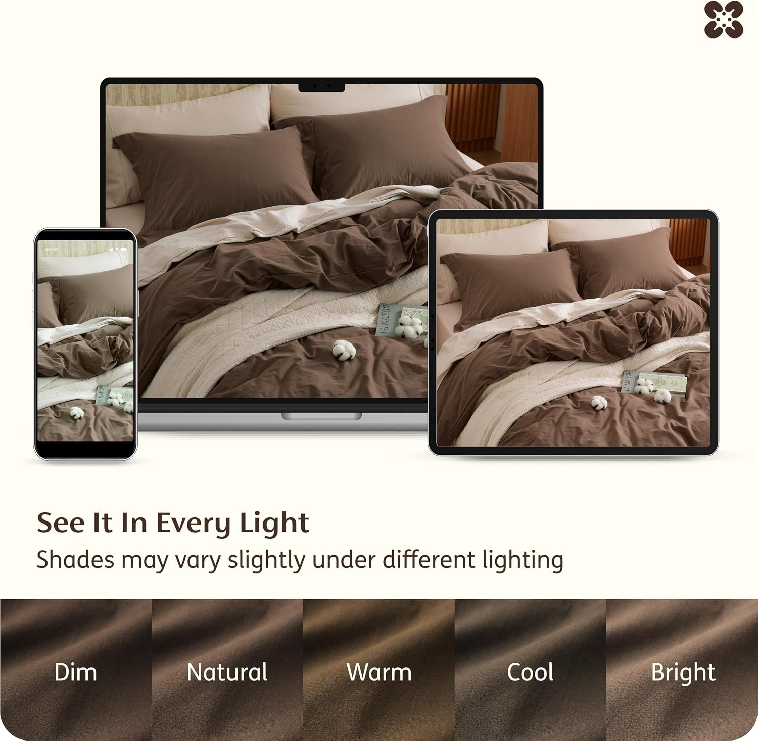 image:imageBedsure PureWoven 100 Washed Cotton Duvet Cover Set Queen Size 3PC Linen Like Texture Percale Breathable Bedding Set for All Seasons Zipper Closure 8 Corner Ties Natural White 90 X 9007 Brown No Comforter