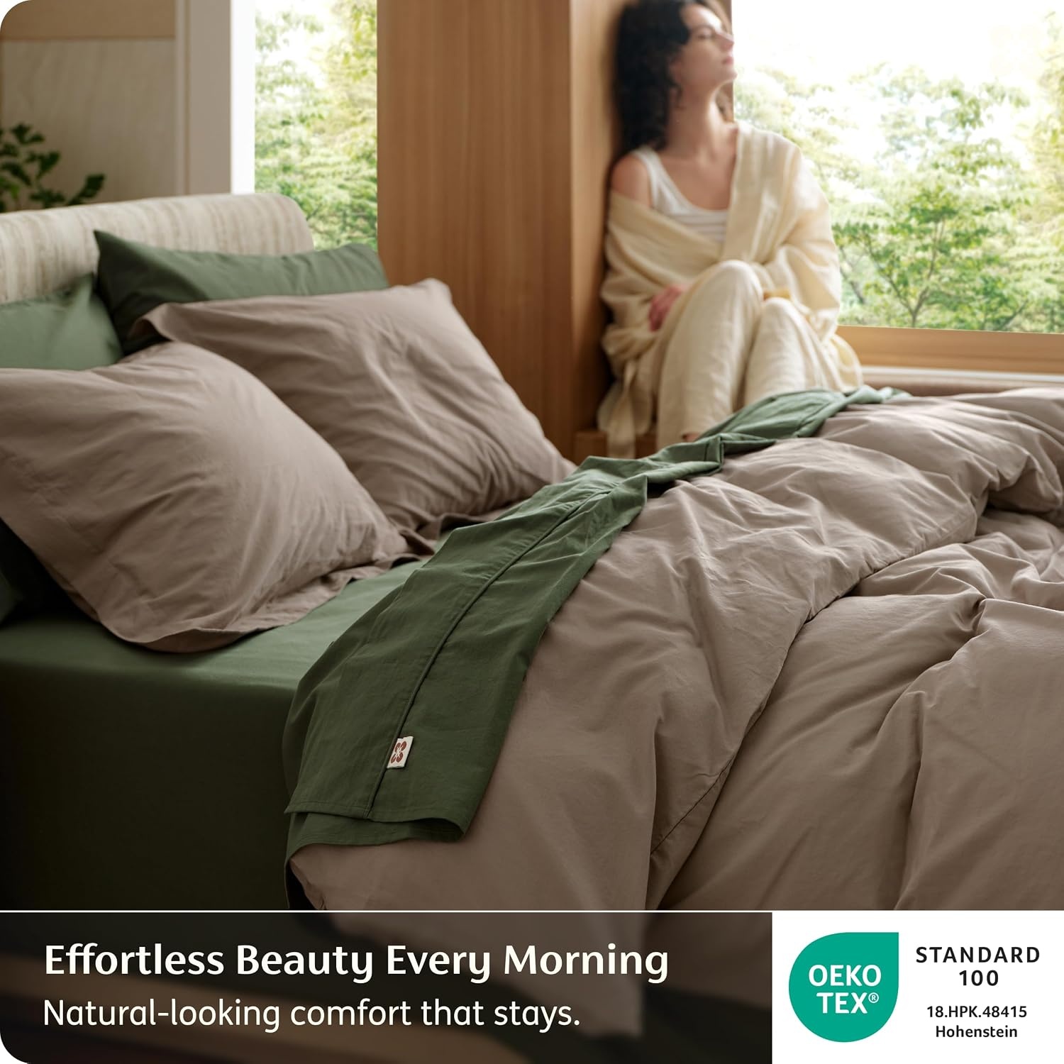 image:imageBedsure PureWoven 100 Washed Cotton Duvet Cover Set Queen Size 3PC Linen Like Texture Percale Breathable Bedding Set for All Seasons Zipper Closure 8 Corner Ties Natural White 90 X 9006 Light Brown No Comforter