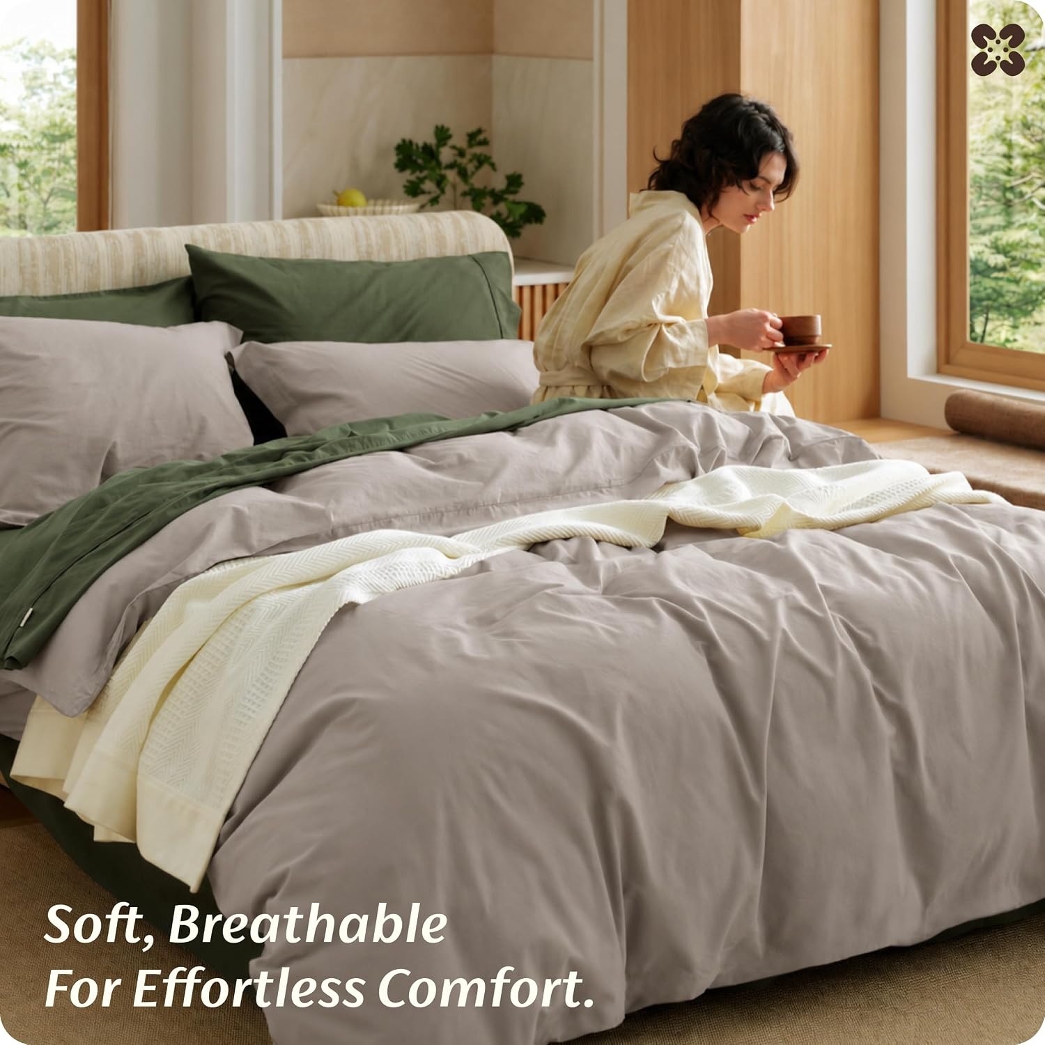image:imageBedsure PureWoven 100 Washed Cotton Duvet Cover Set Queen Size 3PC Linen Like Texture Percale Breathable Bedding Set for All Seasons Zipper Closure 8 Corner Ties Natural White 90 X 9004 Tan No Comforter