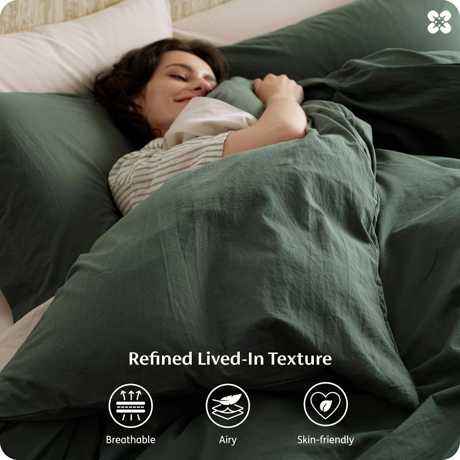 image:imageBedsure PureWoven 100 Washed Cotton Duvet Cover Set Queen Size 3PC Linen Like Texture Percale Breathable Bedding Set for All Seasons Zipper Closure 8 Corner Ties Natural White 90 X 9012 Forest Green No Comforter