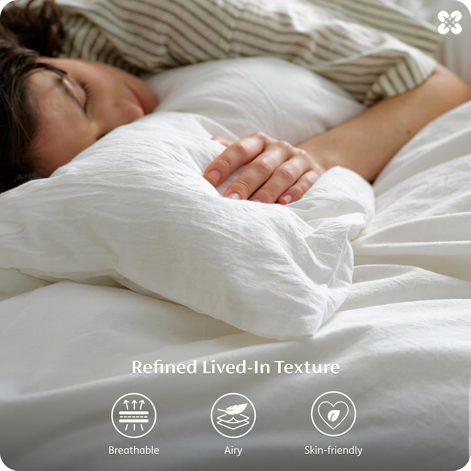 image:imageBedsure PureWoven 100 Washed Cotton Duvet Cover Set Queen Size 3PC Linen Like Texture Percale Breathable Bedding Set for All Seasons Zipper Closure 8 Corner Ties Natural White 90 X 9001 Natural White No Comforter