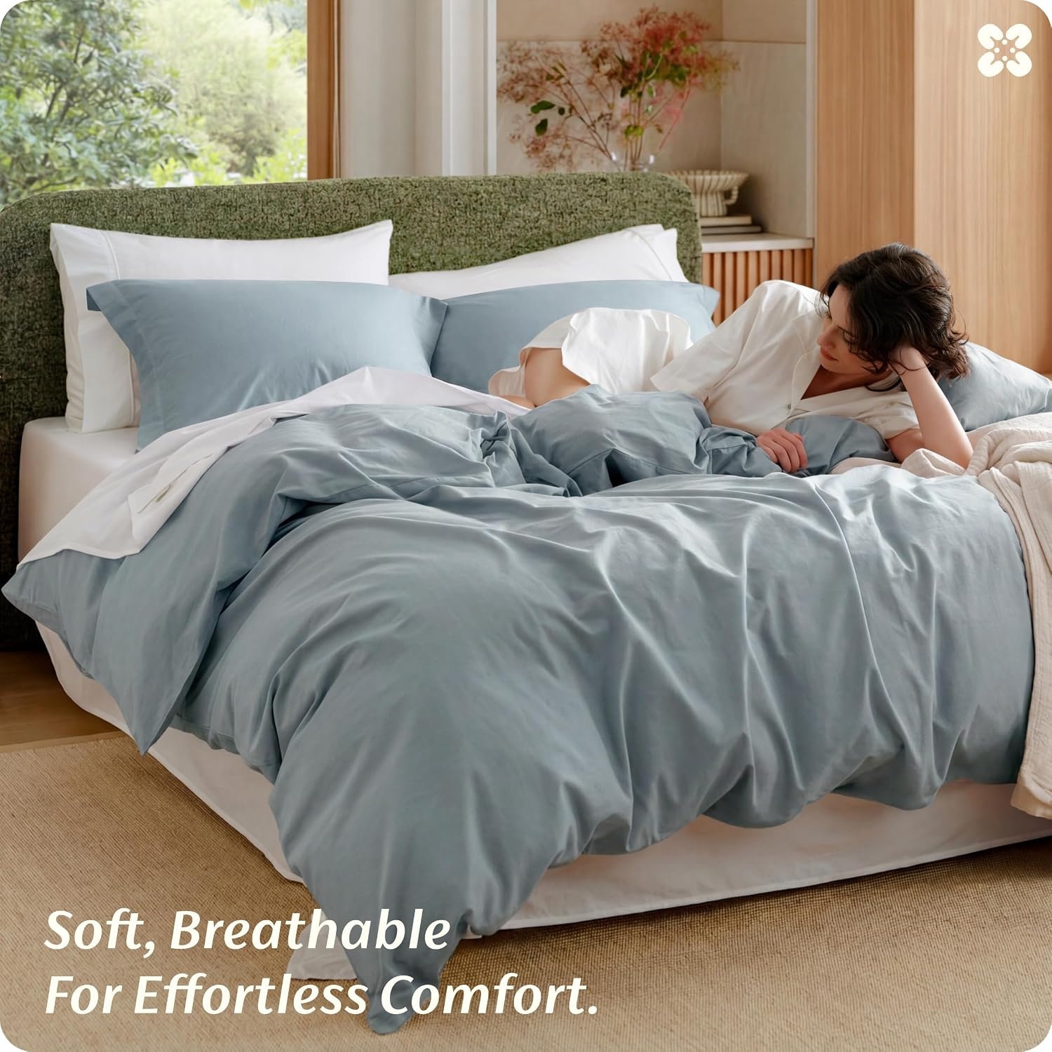 image:imageBedsure PureWoven 100 Washed Cotton Duvet Cover Set Queen Size 3PC Linen Like Texture Percale Breathable Bedding Set for All Seasons Zipper Closure 8 Corner Ties Natural White 90 X 9014 Dusty Blue No Comforter