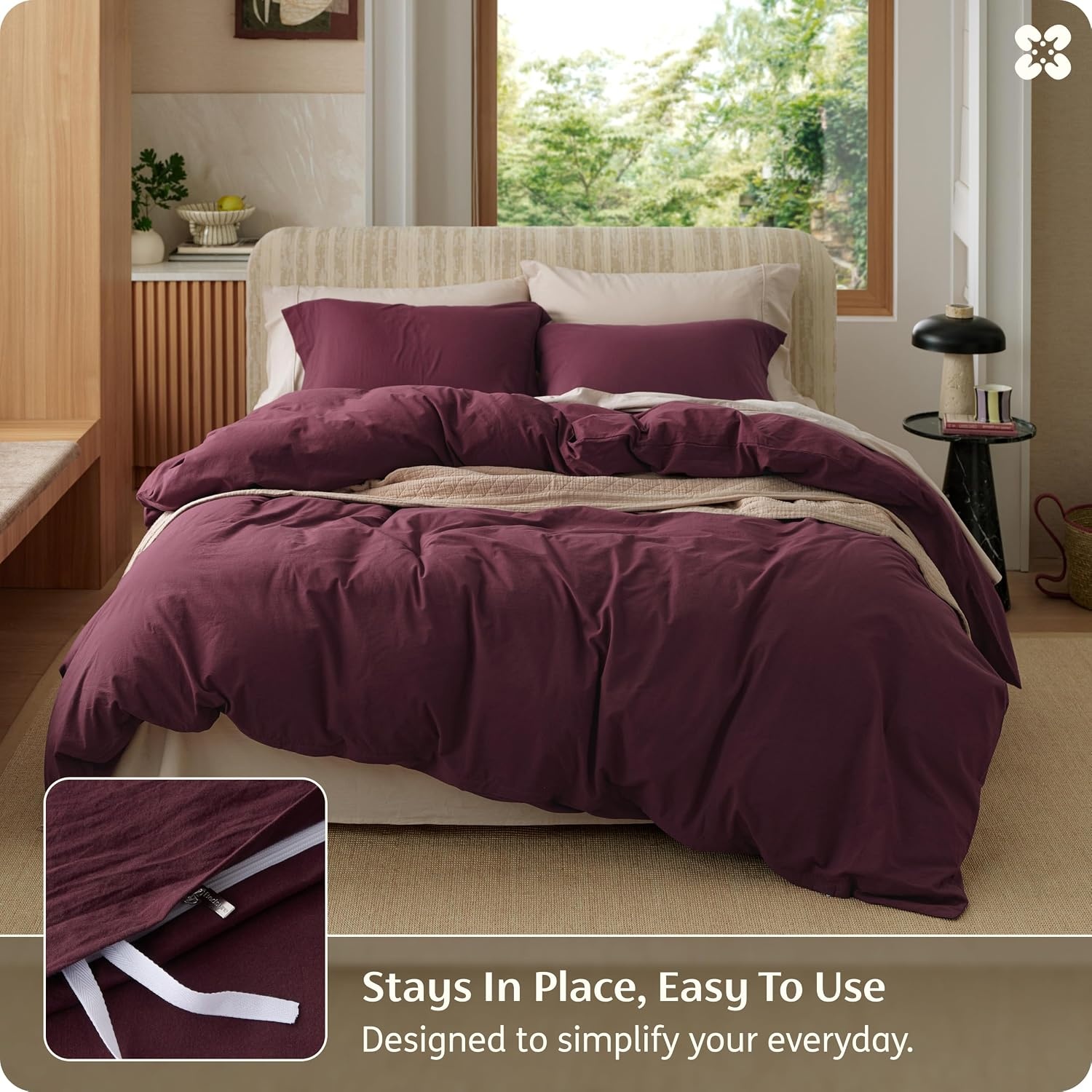 image:imageBedsure PureWoven 100 Washed Cotton Duvet Cover Set Queen Size 3PC Linen Like Texture Percale Breathable Bedding Set for All Seasons Zipper Closure 8 Corner Ties Natural White 90 X 9022 Burgundy No Comforter