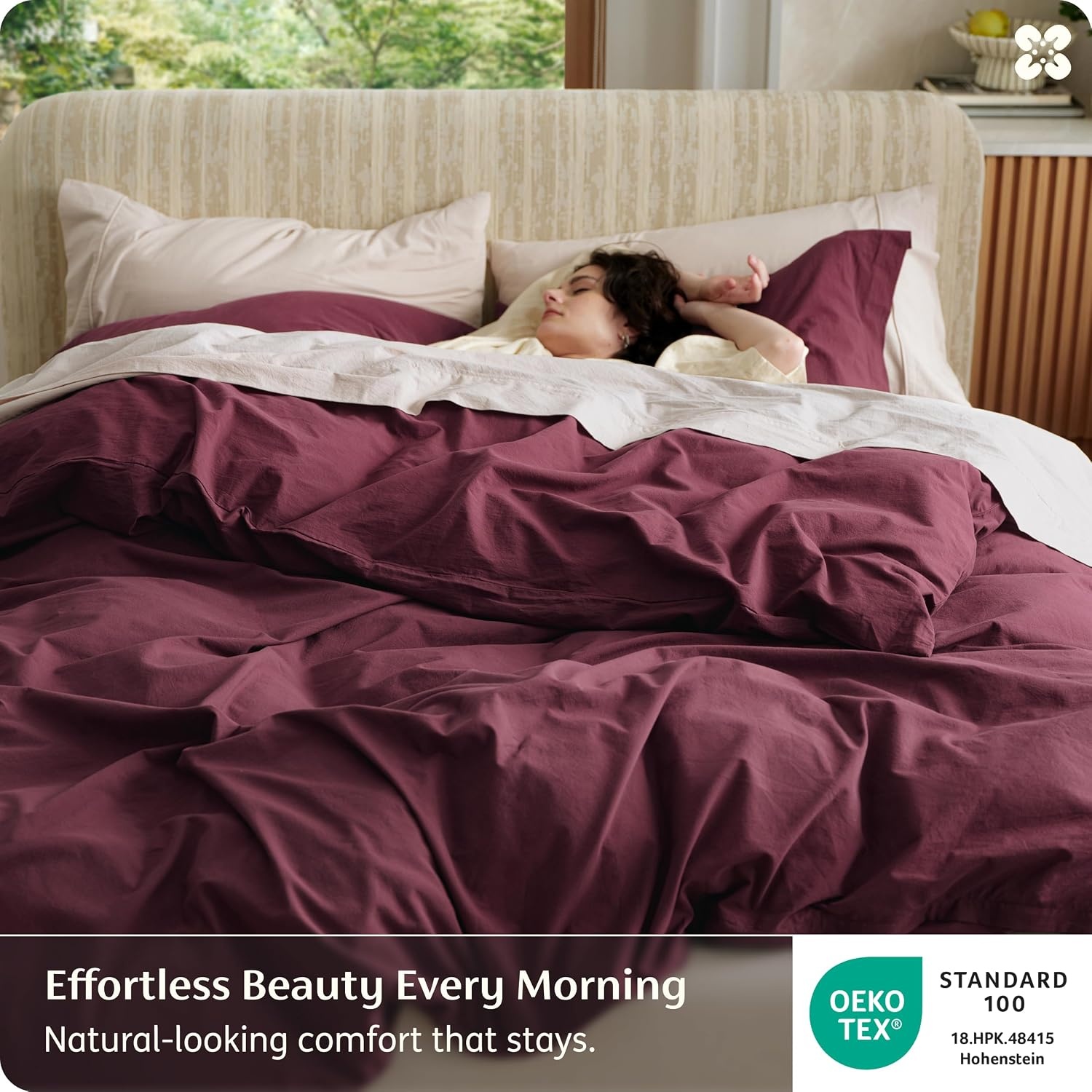 image:imageBedsure PureWoven 100 Washed Cotton Duvet Cover Set Queen Size 3PC Linen Like Texture Percale Breathable Bedding Set for All Seasons Zipper Closure 8 Corner Ties Natural White 90 X 9022 Burgundy No Comforter
