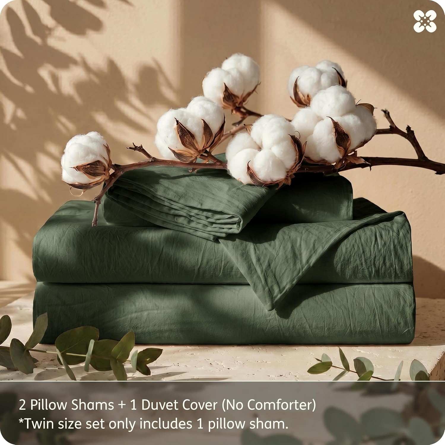 image:imageBedsure PureWoven 100 Washed Cotton Duvet Cover Set Queen Size 3PC Linen Like Texture Percale Breathable Bedding Set for All Seasons Zipper Closure 8 Corner Ties Natural White 90 X 9011 Olive Green No Comforter