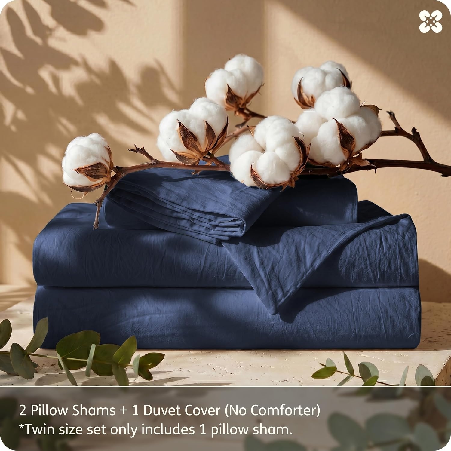 image:imageBedsure PureWoven 100 Washed Cotton Duvet Cover Set Queen Size 3PC Linen Like Texture Percale Breathable Bedding Set for All Seasons Zipper Closure 8 Corner Ties Natural White 90 X 9015 Navy No Comforter