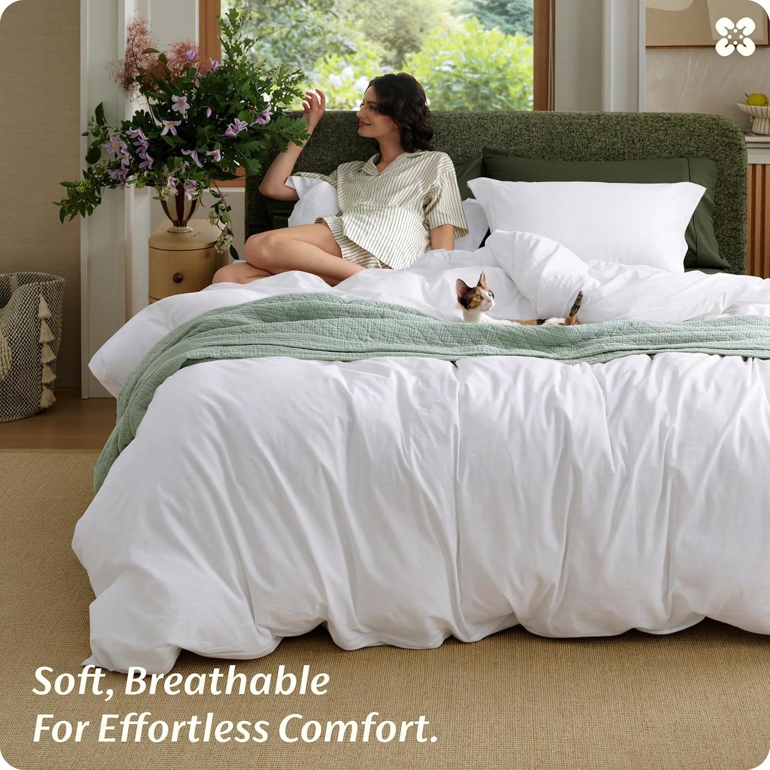 image:imageBedsure PureWoven 100 Washed Cotton Duvet Cover Set Queen Size 3PC Linen Like Texture Percale Breathable Bedding Set for All Seasons Zipper Closure 8 Corner Ties Natural White 90 X 9011 Bright White No Comforter