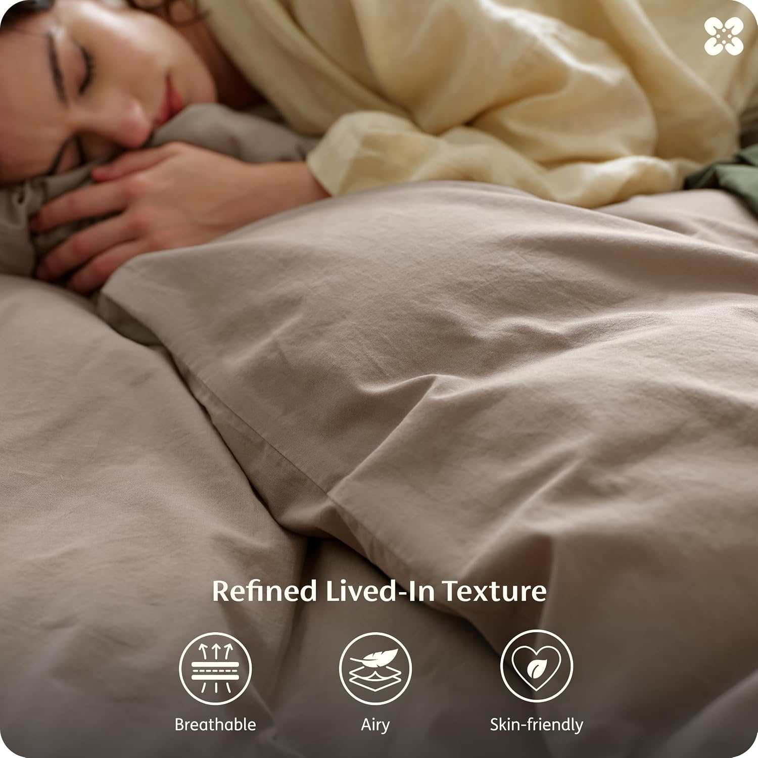 image:imageBedsure PureWoven 100 Washed Cotton Duvet Cover Set Queen Size 3PC Linen Like Texture Percale Breathable Bedding Set for All Seasons Zipper Closure 8 Corner Ties Natural White 90 X 9006 Light Brown No Comforter