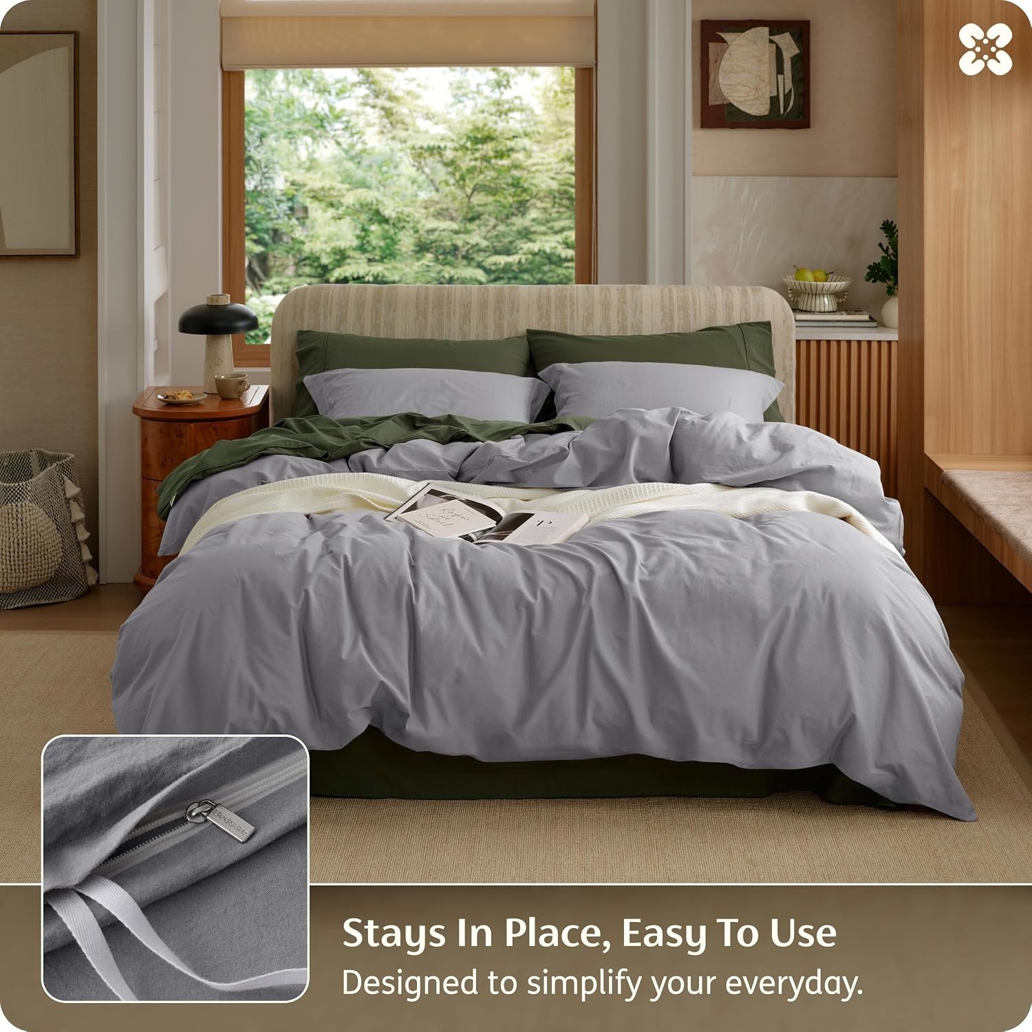image:imageBedsure PureWoven 100 Washed Cotton Duvet Cover Set Queen Size 3PC Linen Like Texture Percale Breathable Bedding Set for All Seasons Zipper Closure 8 Corner Ties Natural White 90 X 9019 Grey No Comforter
