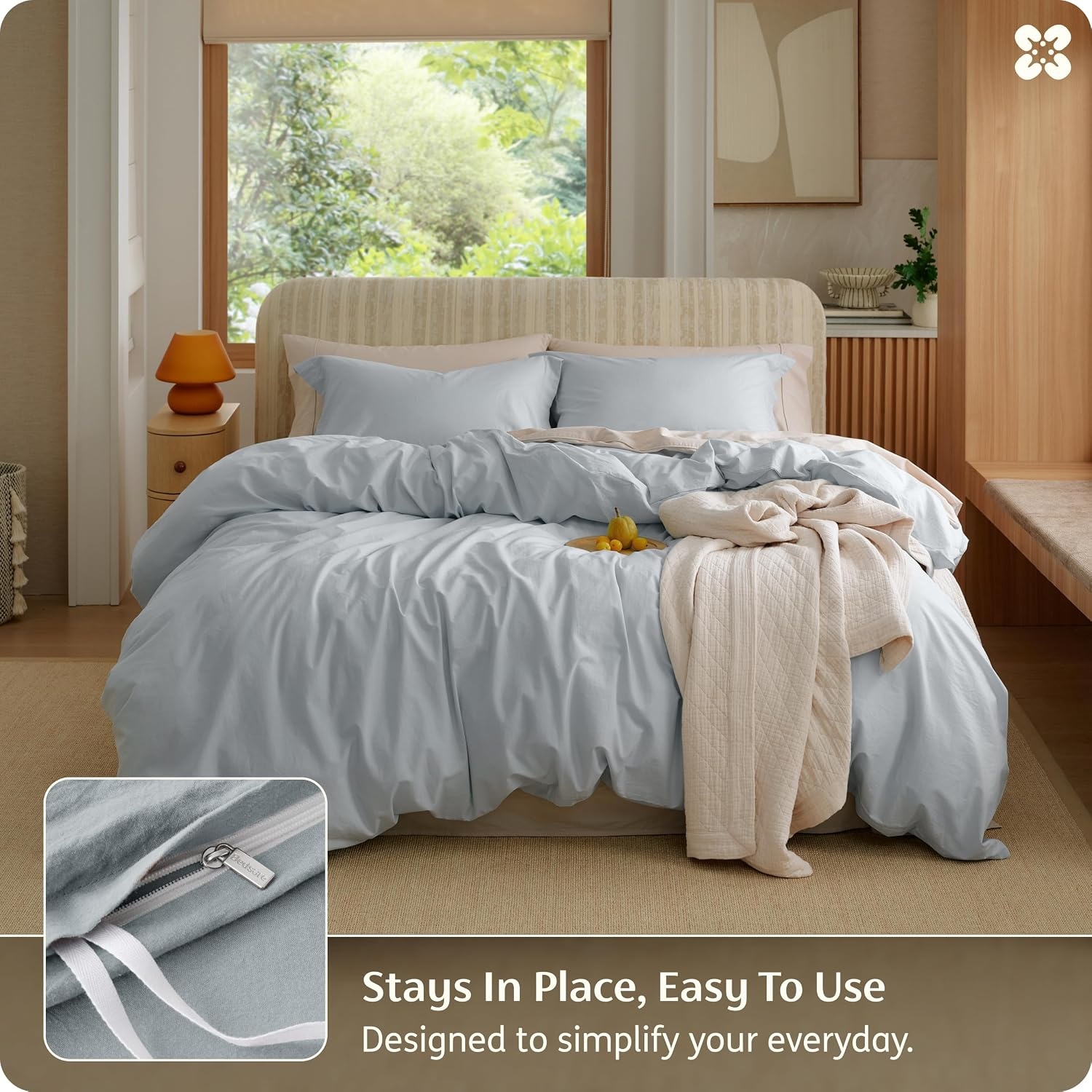 image:imageBedsure PureWoven 100 Washed Cotton Duvet Cover Set Queen Size 3PC Linen Like Texture Percale Breathable Bedding Set for All Seasons Zipper Closure 8 Corner Ties Natural White 90 X 9013 Pastel Blue No Comforter