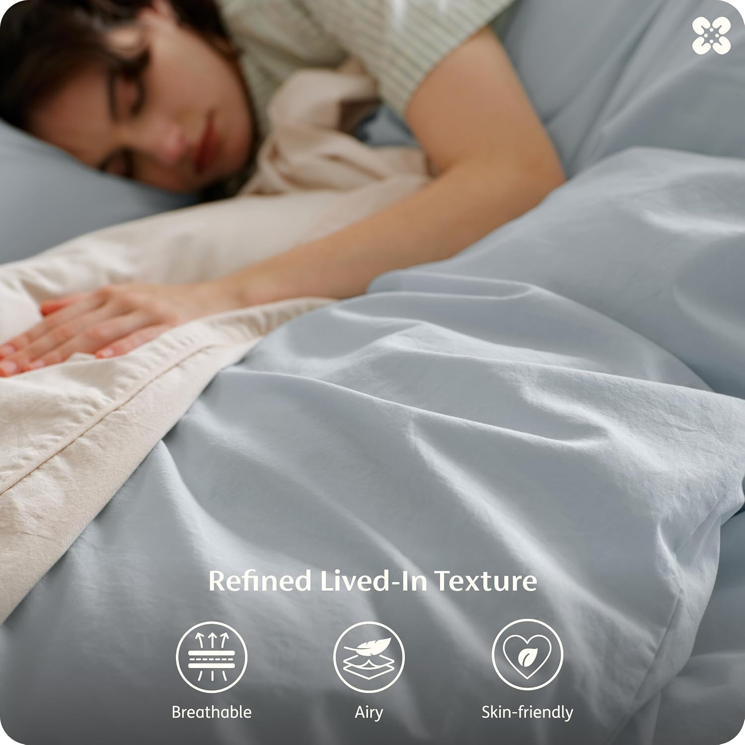 image:imageBedsure PureWoven 100 Washed Cotton Duvet Cover Set Queen Size 3PC Linen Like Texture Percale Breathable Bedding Set for All Seasons Zipper Closure 8 Corner Ties Natural White 90 X 9013 Pastel Blue No Comforter