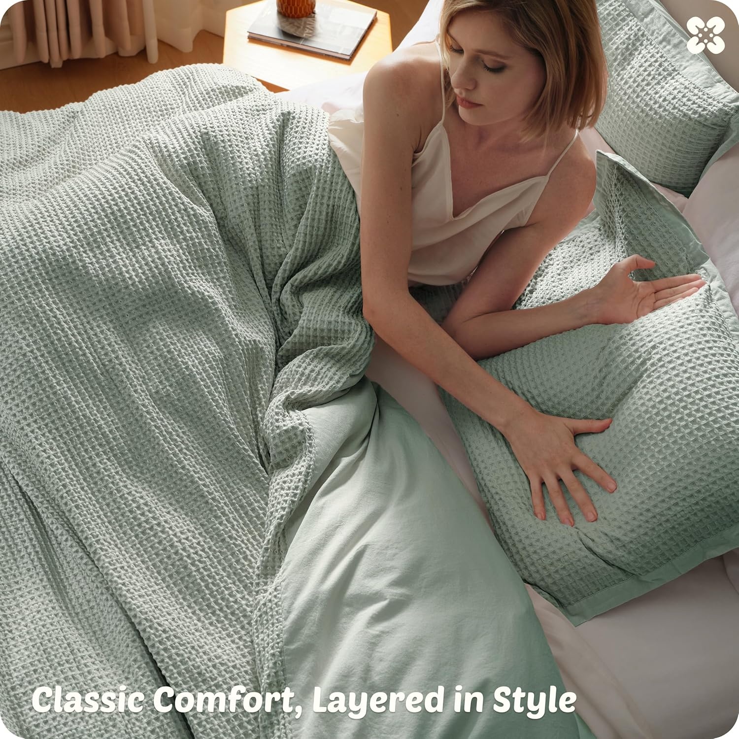 image:imageBedsure PureWoven 3 Pieces 100 Cotton Waffle Duvet Cover Set Queen White Waffle Weave Texture Soft SkinFriendly Breathable AllSeason Machine Washable Home Decor Gift Good Housekeeping Seal11 Sage Green No Comforter