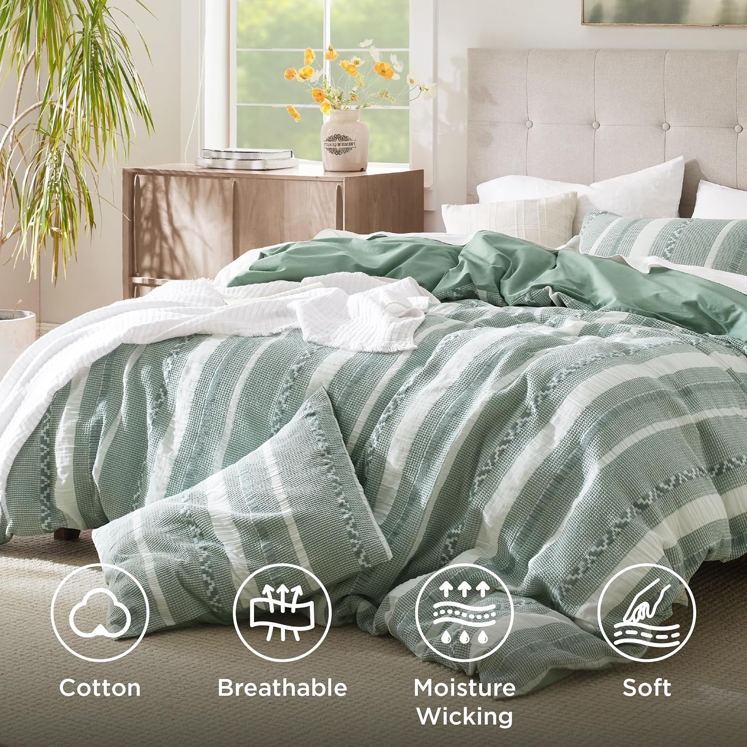 image:imageBedsure PureWoven 3 Pieces 100 Cotton Waffle Duvet Cover Set Queen White Waffle Weave Texture Soft SkinFriendly Breathable AllSeason Machine Washable Home Decor Gift Good Housekeeping Seal19 Strip Green No Comforter