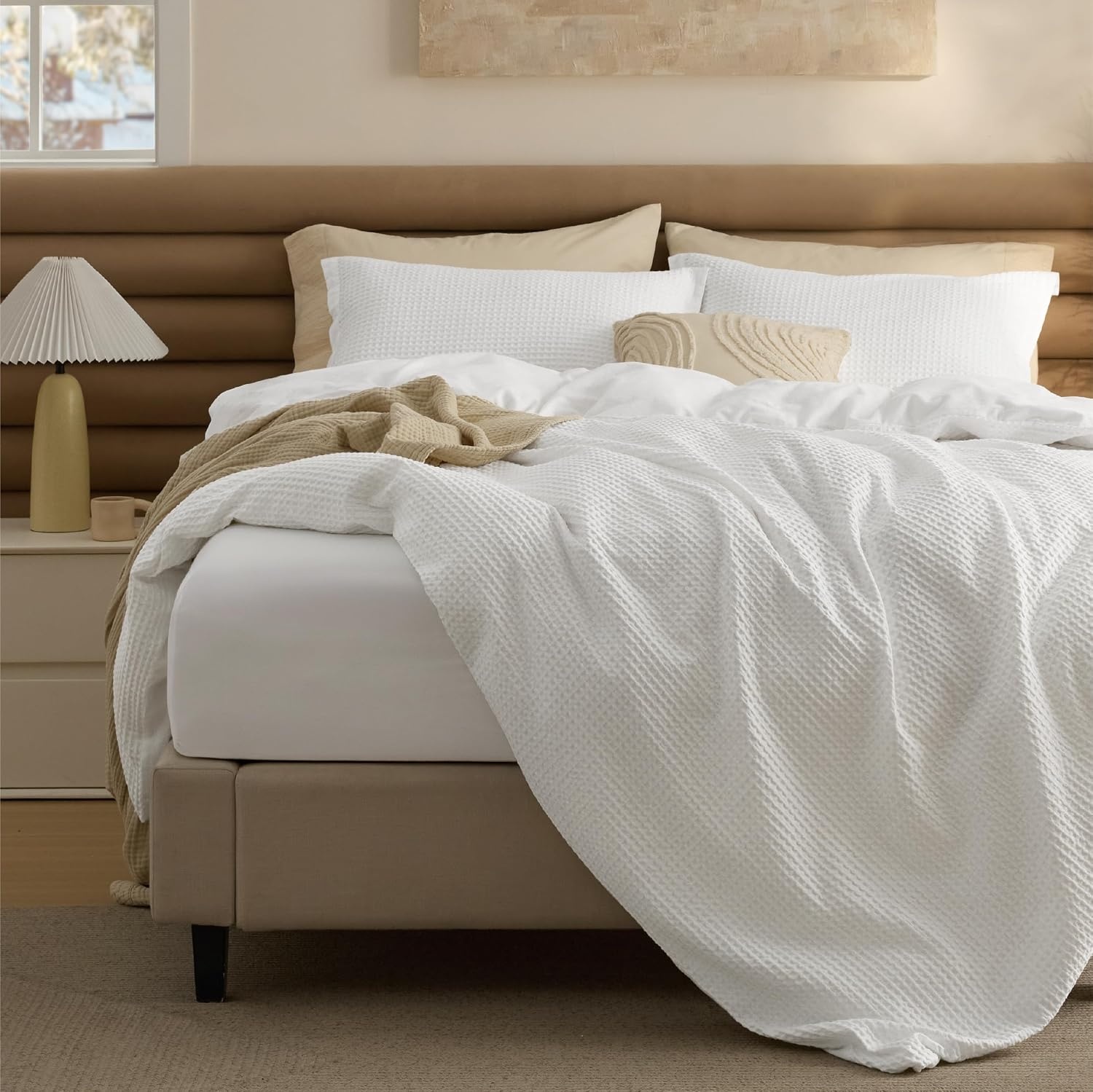 image:imageBedsure PureWoven 3 Pieces 100 Cotton Waffle Duvet Cover Set Queen White Waffle Weave Texture Soft SkinFriendly Breathable AllSeason Machine Washable Home Decor Gift Good Housekeeping Seal01 Coconut White No Comforter