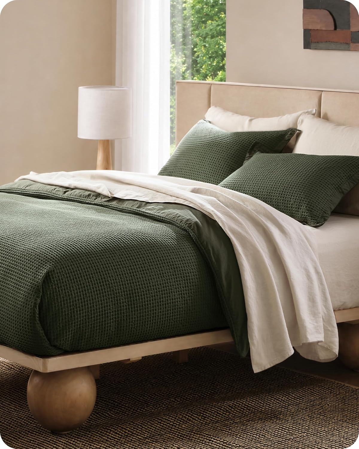 image:imageBedsure PureWoven 3 Pieces 100 Cotton Waffle Duvet Cover Set Queen White Waffle Weave Texture Soft SkinFriendly Breathable AllSeason Machine Washable Home Decor Gift Good Housekeeping Seal14 Olive Green No Comforter