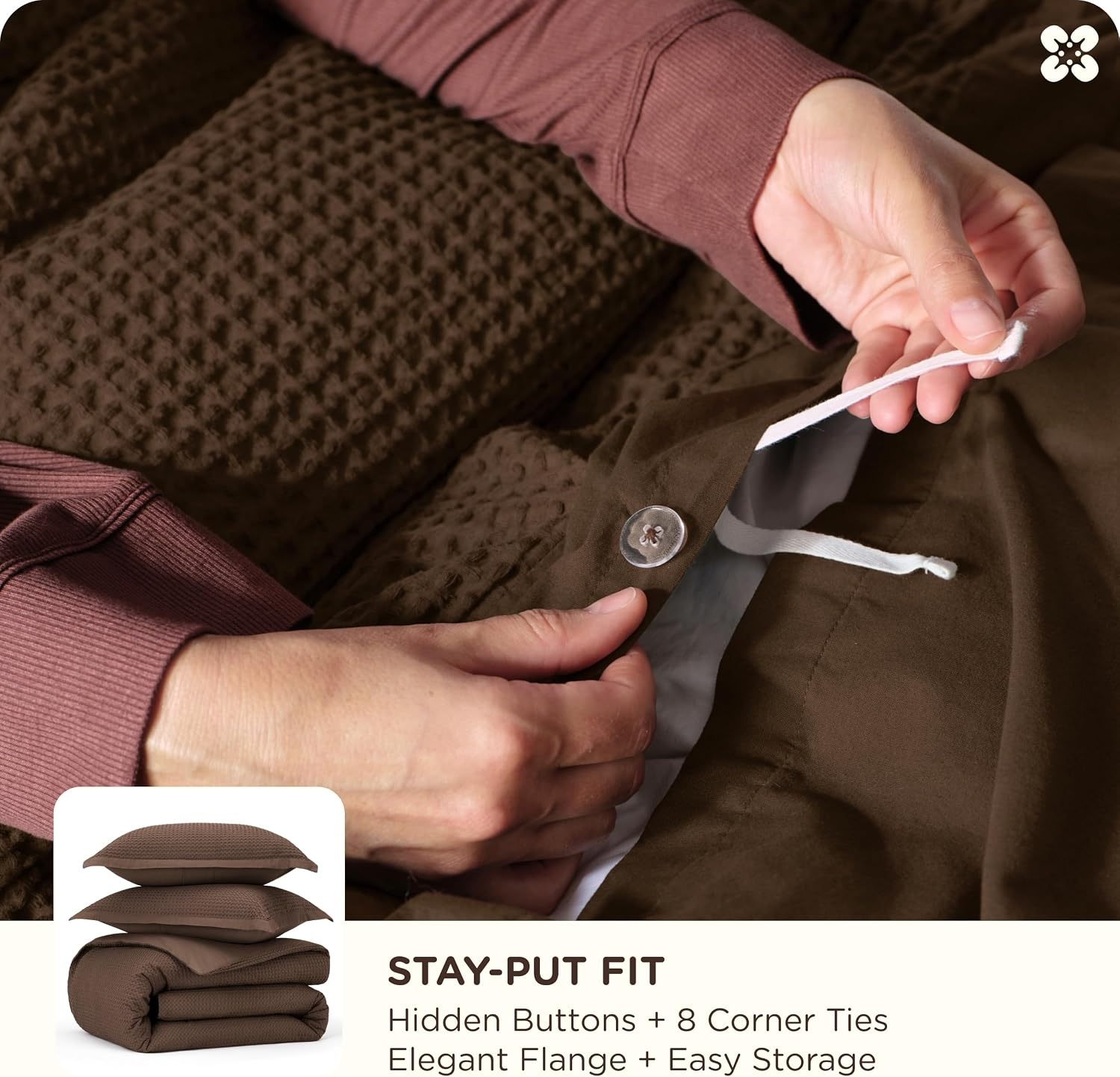 image:imageBedsure PureWoven 3 Pieces 100 Cotton Waffle Duvet Cover Set Queen White Waffle Weave Texture Soft SkinFriendly Breathable AllSeason Machine Washable Home Decor Gift Good Housekeeping Seal06 Chocolate Brown No Comforter