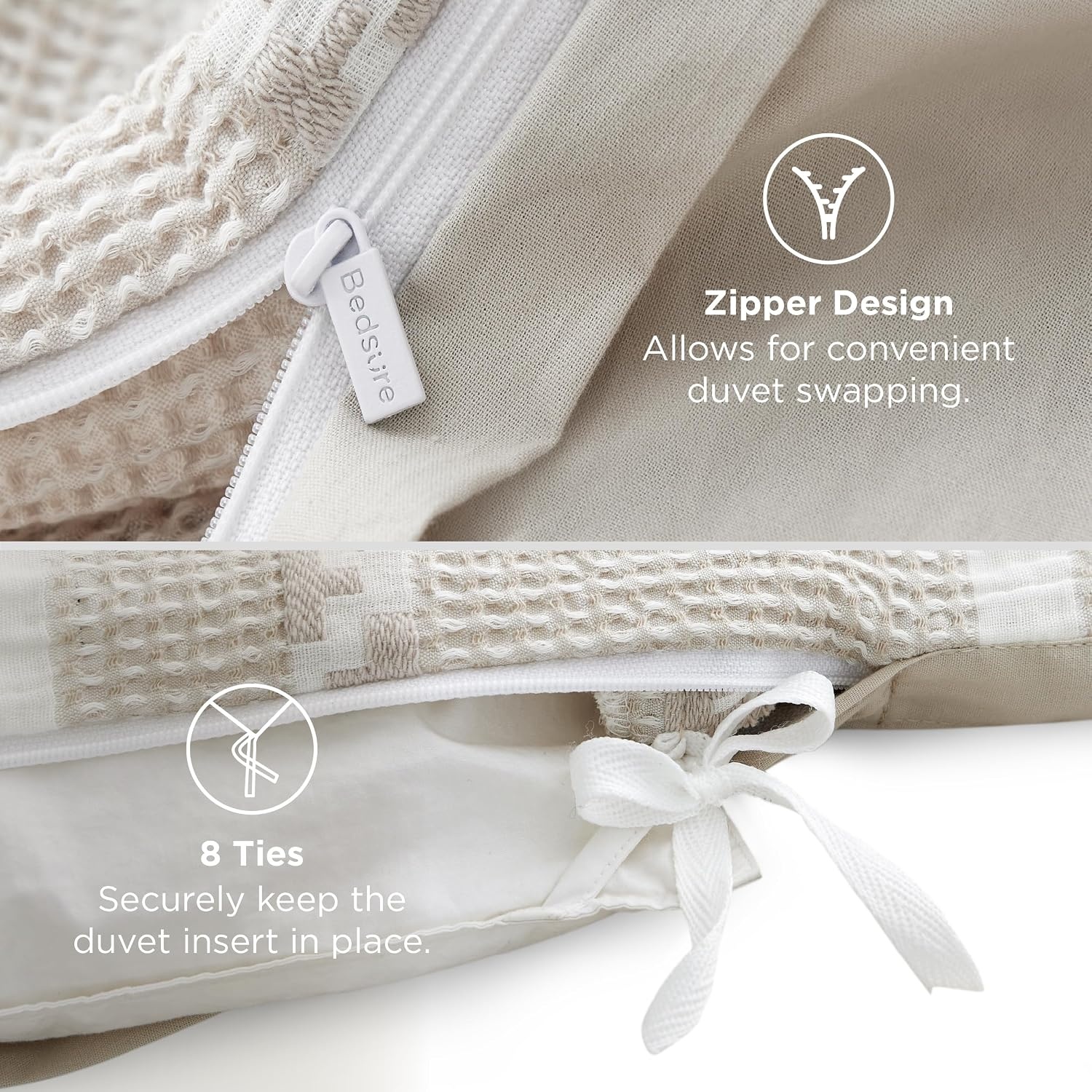 image:imageBedsure PureWoven 3 Pieces 100 Cotton Waffle Duvet Cover Set Queen White Waffle Weave Texture Soft SkinFriendly Breathable AllSeason Machine Washable Home Decor Gift Good Housekeeping Seal19 Strip Linen No Comforter