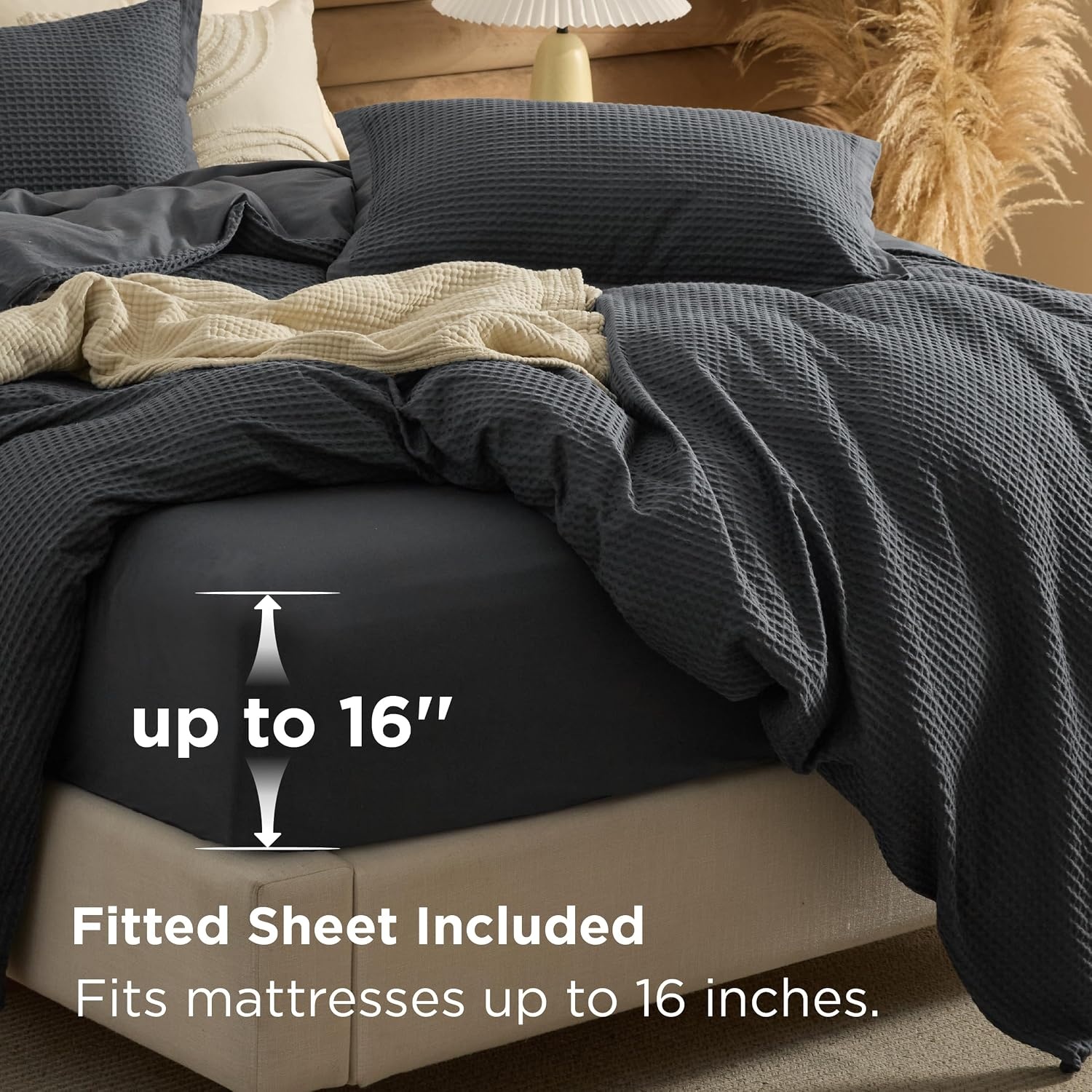 image:imageBedsure PureWoven 3 Pieces 100 Cotton Waffle Duvet Cover Set Queen White Waffle Weave Texture Soft SkinFriendly Breathable AllSeason Machine Washable Home Decor Gift Good Housekeeping Seal19 Charcoal Black No Comforter