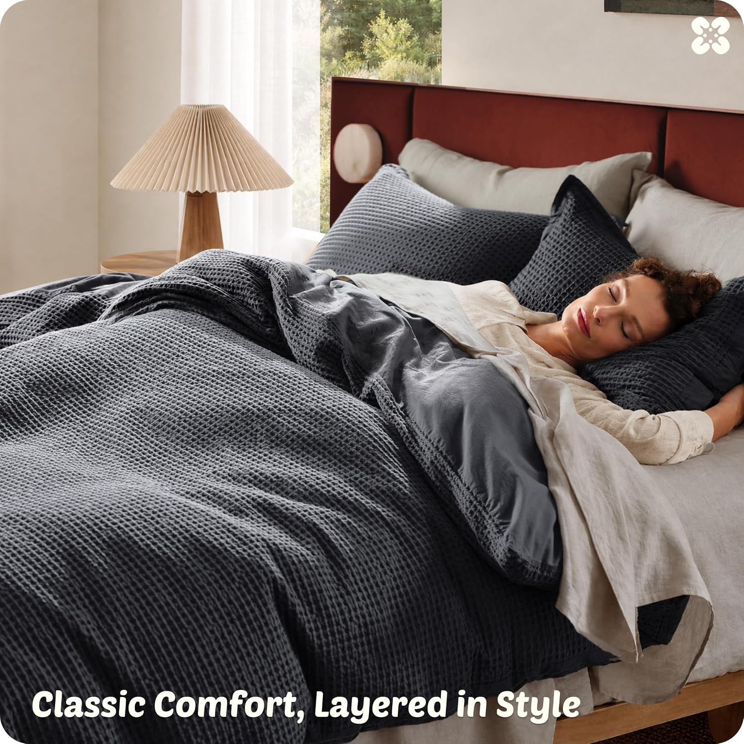 image:imageBedsure PureWoven 3 Pieces 100 Cotton Waffle Duvet Cover Set Queen White Waffle Weave Texture Soft SkinFriendly Breathable AllSeason Machine Washable Home Decor Gift Good Housekeeping Seal19 Charcoal Black No Comforter